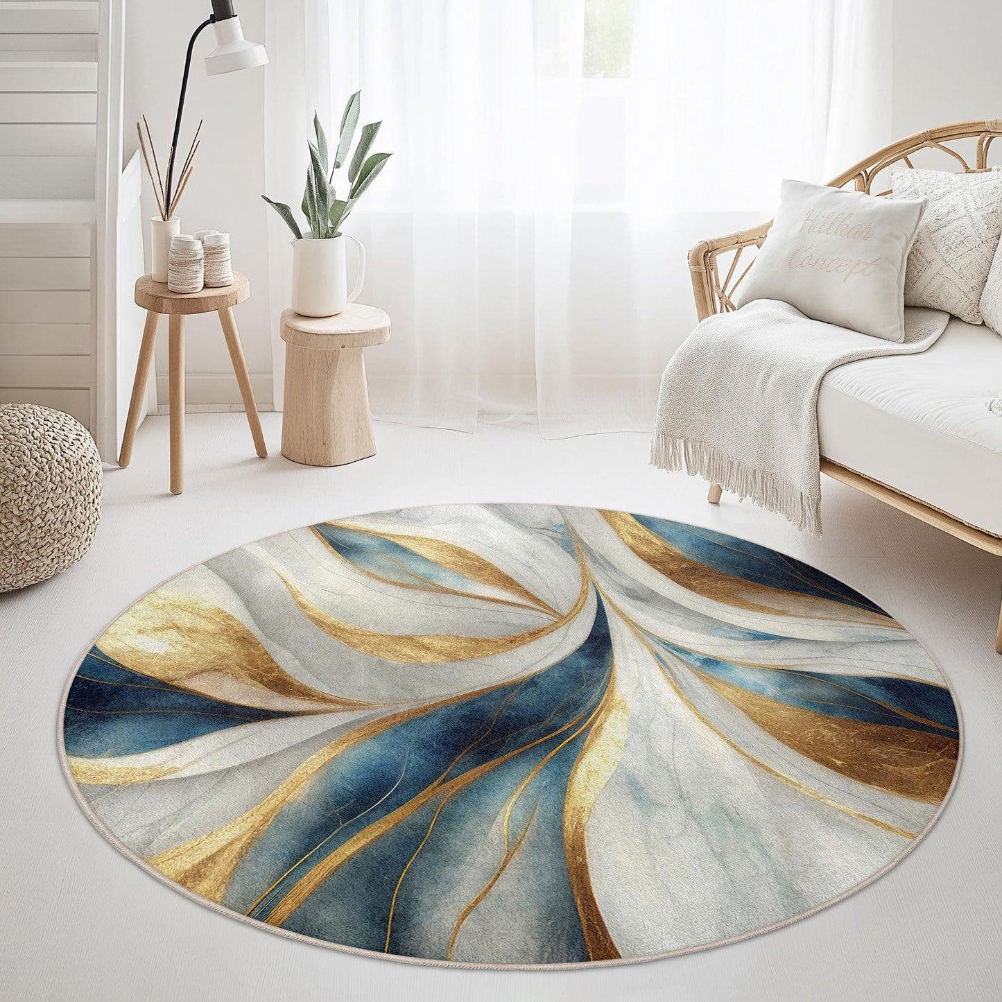 Eleganter runder Teppich in Blau und Gold, abstraktes Blumenmuster, moderne Wohnzimmerdekoration, schicker runder Teppich für Zuhause