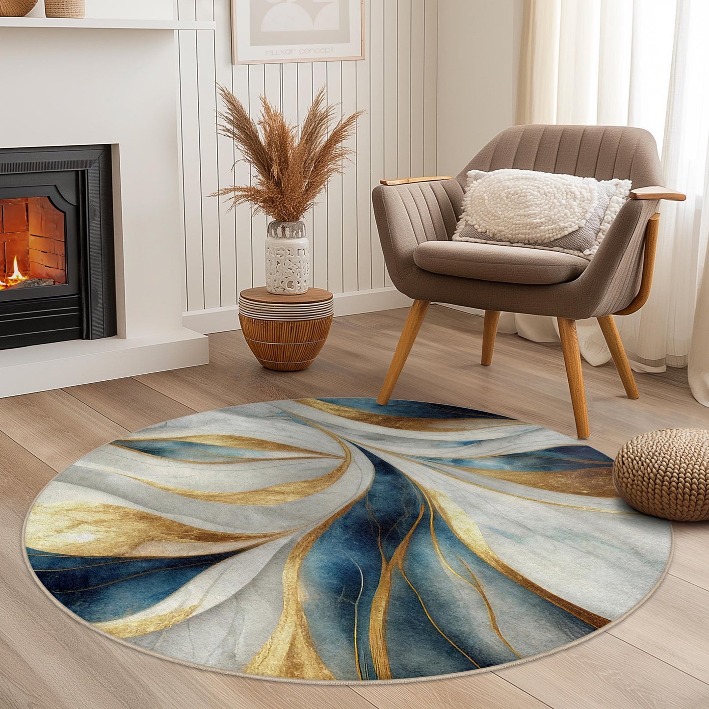 Eleganter runder Teppich in Blau und Gold, abstraktes Blumenmuster, moderne Wohnzimmerdekoration, schicker runder Teppich für Zuhause