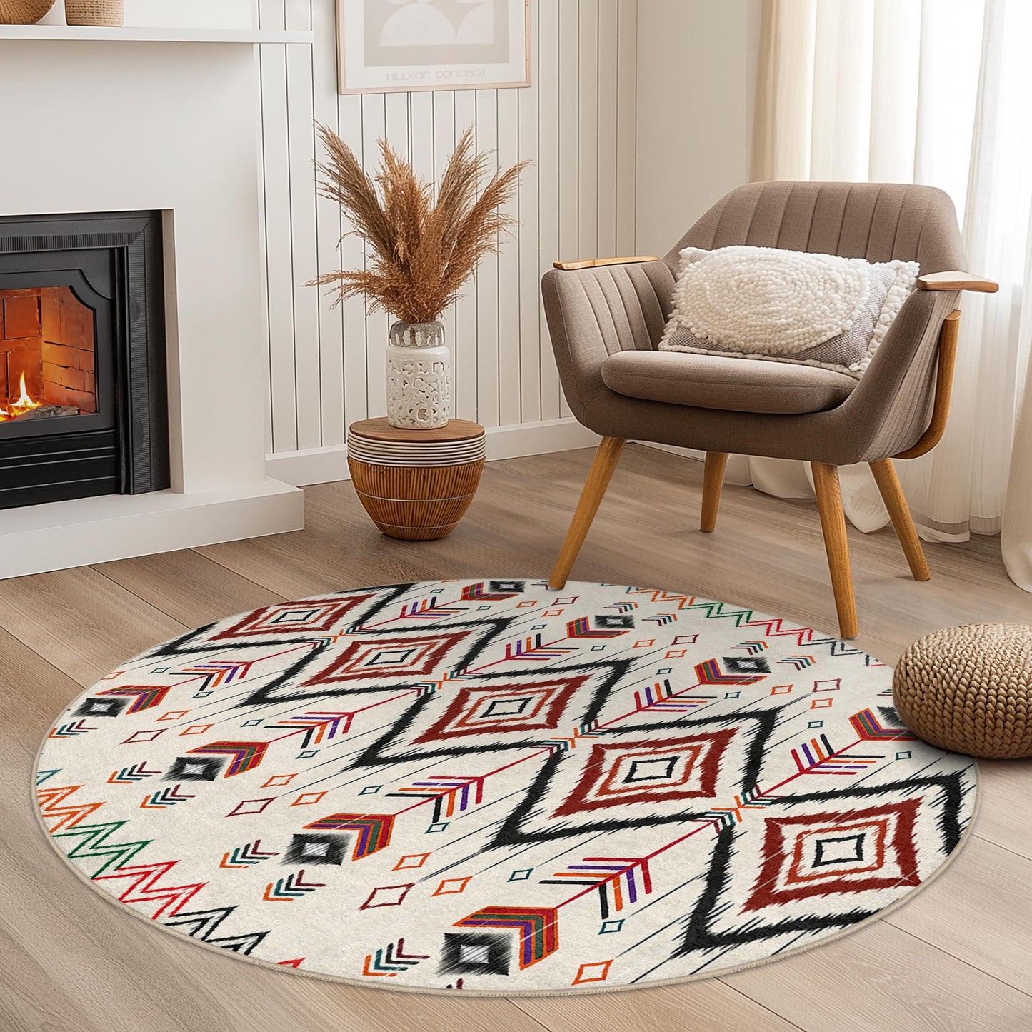 Runder Teppich mit geometrischem Pfeilmuster, Boho-Kreisteppich, Stilvolle Wohndekoration, Einzigartiger Wohnzimmerteppich, Weiche Bodenmatte