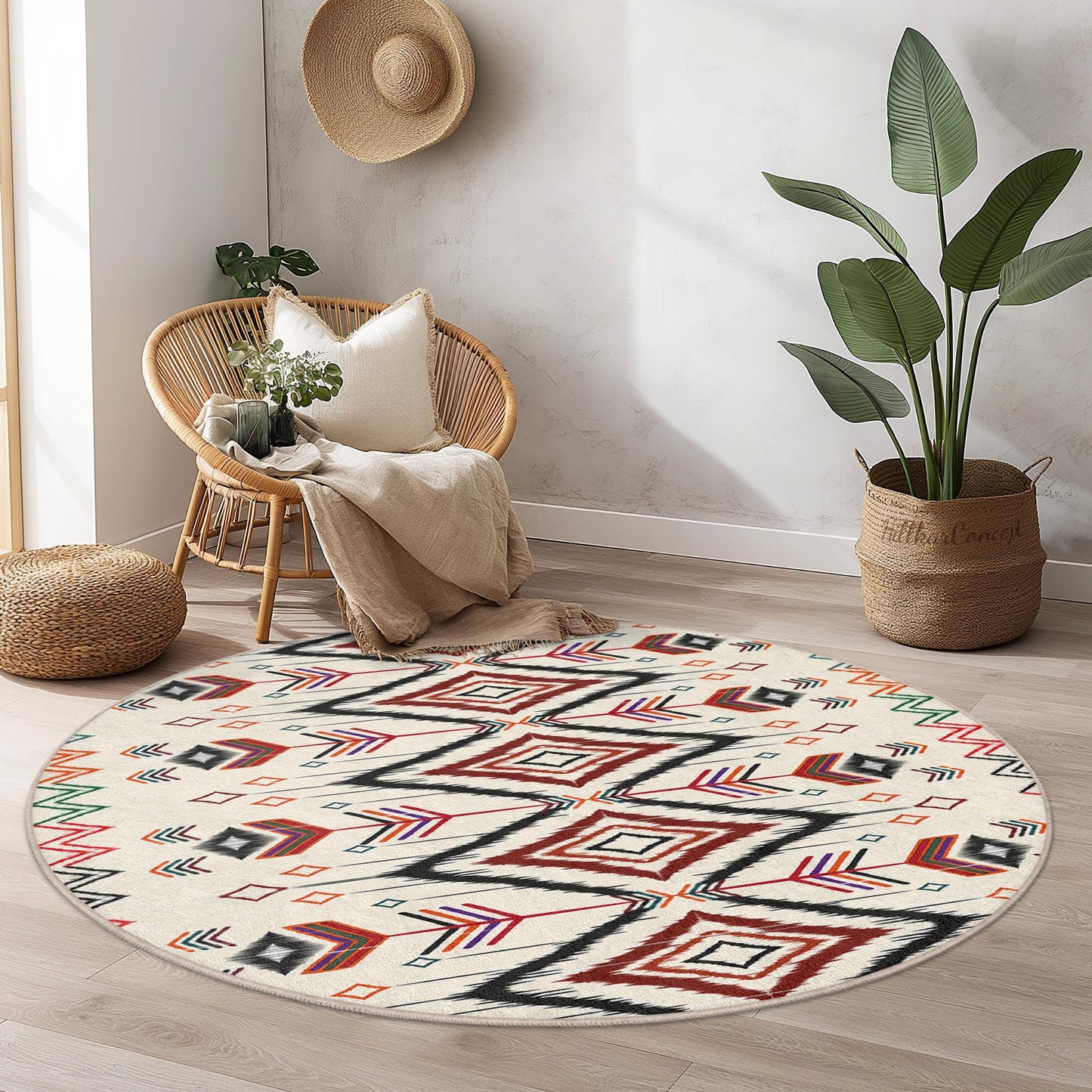 Runder Teppich mit geometrischem Pfeilmuster, Boho-Kreisteppich, Stilvolle Wohndekoration, Einzigartiger Wohnzimmerteppich, Weiche Bodenmatte