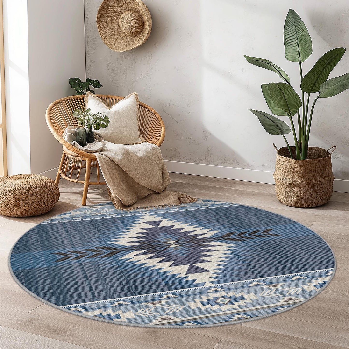 Geometrischer runder blauer Teppich, Teppich im Südwest-Stil, dekorativer runder Teppich für das Wohnzimmer, Boho-Chic-Wohndekoration