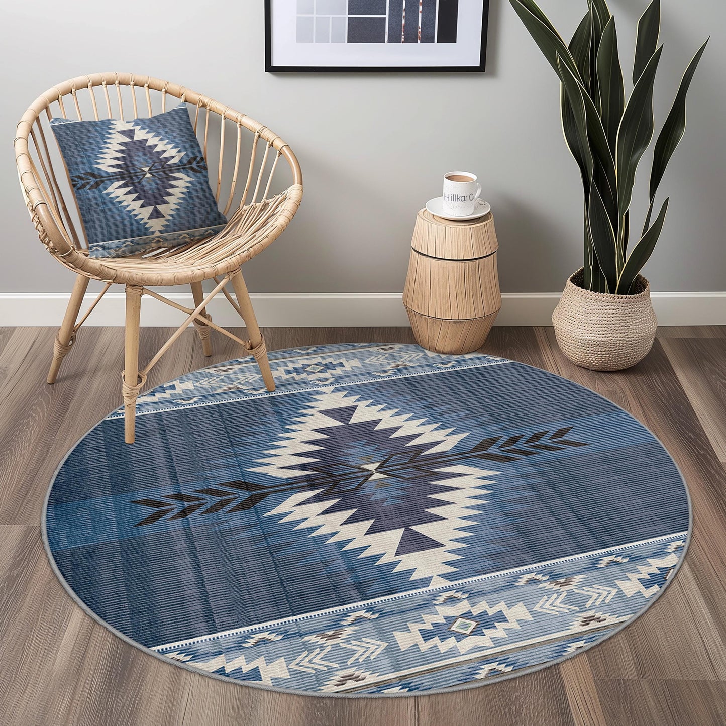 Geometrischer runder blauer Teppich, Teppich im Südwest-Stil, dekorativer runder Teppich für das Wohnzimmer, Boho-Chic-Wohndekoration