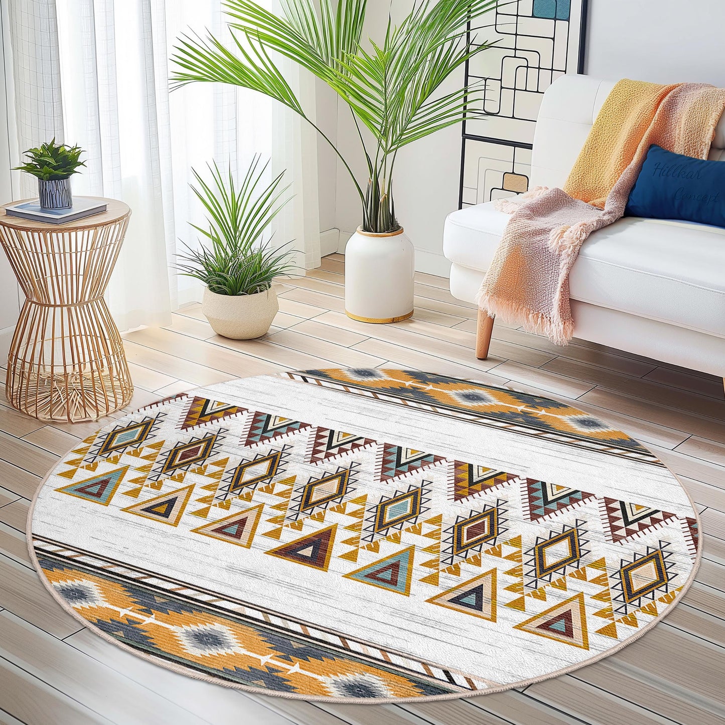 Runder Teppich mit geometrischem Muster, runder Teppich im Boho-Stil, Wohnzimmerdekoration, weicher runder Teppich, Teppich im Ethno-Design für Kinder