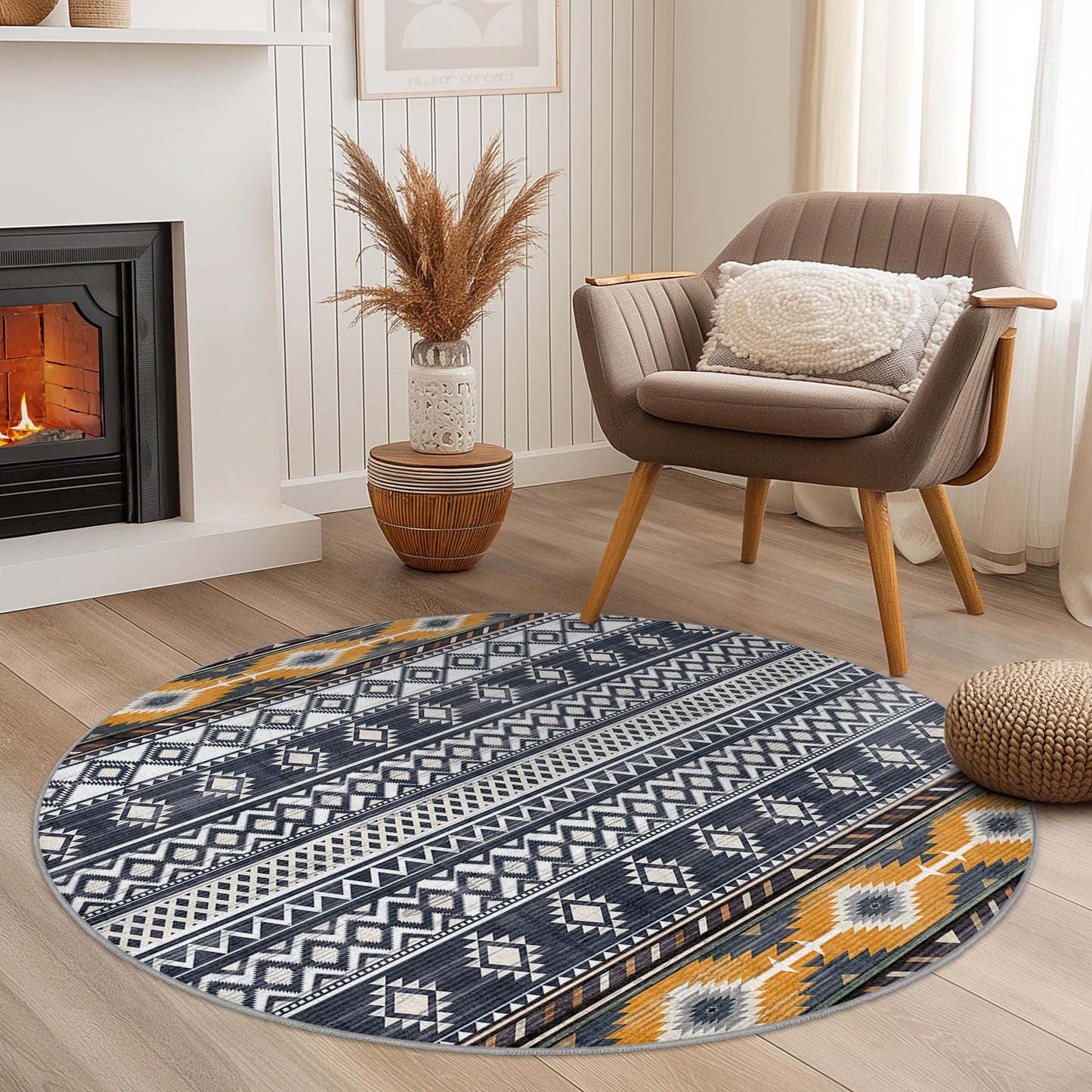 Runder Teppich mit geometrischem Muster, moderner Boho-Kreisteppich, wohnliches Wohnzimmerdekor, stilvolles Wohnaccessoire, einzigartiger runder Teppich