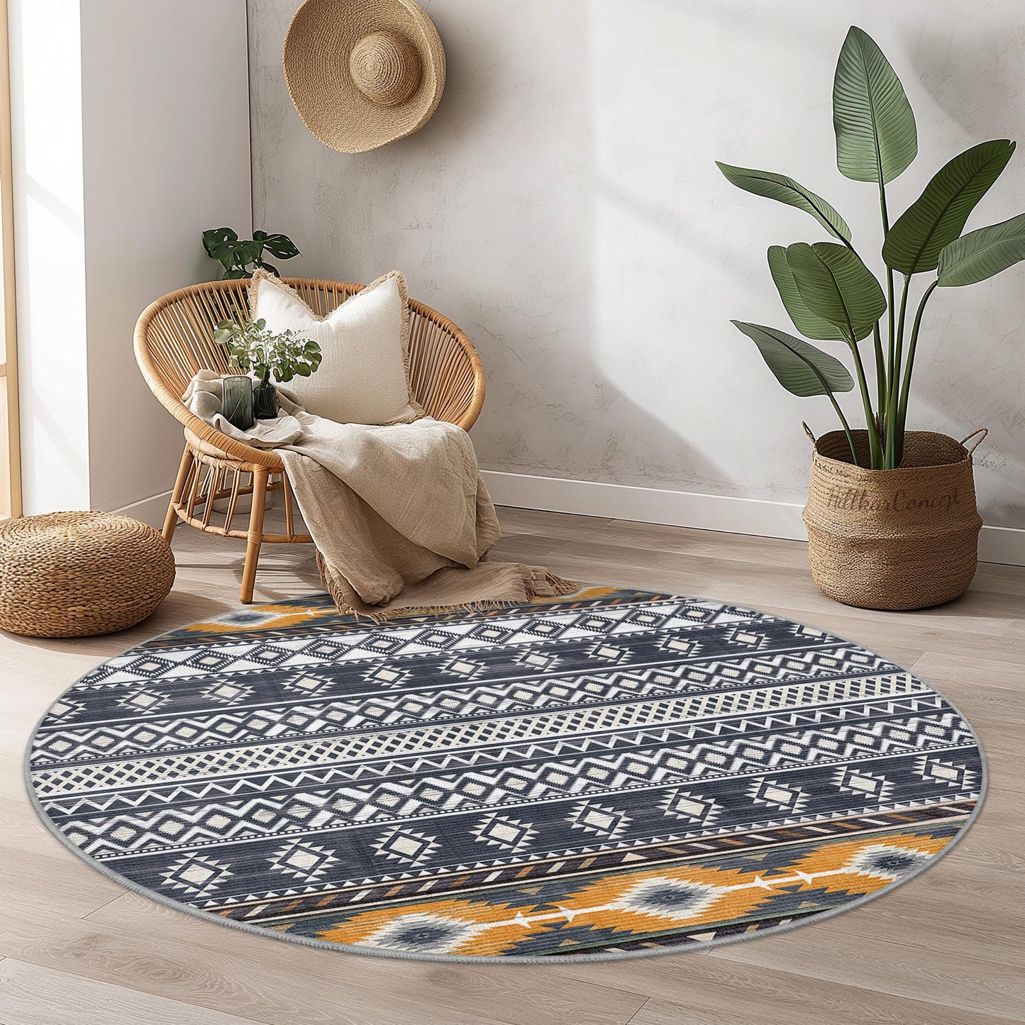 Runder Teppich mit geometrischem Muster, moderner Boho-Kreisteppich, wohnliches Wohnzimmerdekor, stilvolles Wohnaccessoire, einzigartiger runder Teppich