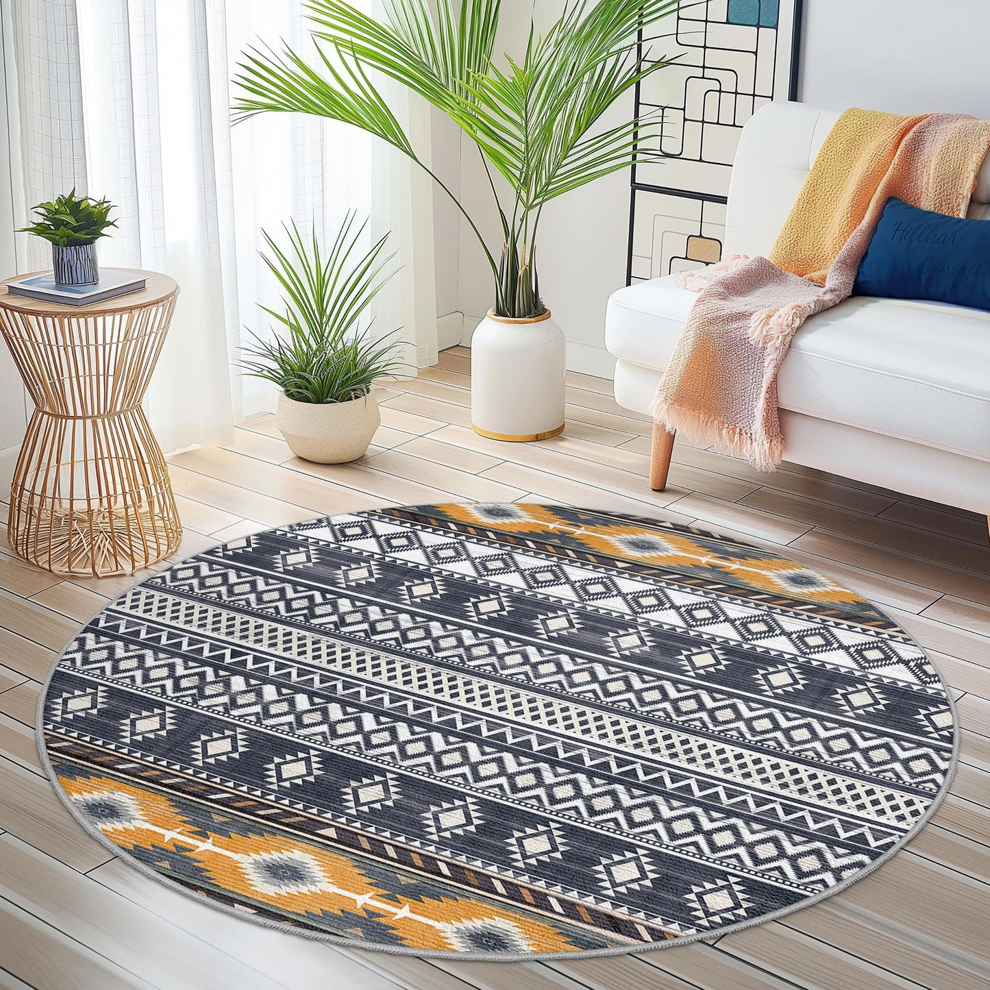 Runder Teppich mit geometrischem Muster, moderner Boho-Kreisteppich, wohnliches Wohnzimmerdekor, stilvolles Wohnaccessoire, einzigartiger runder Teppich