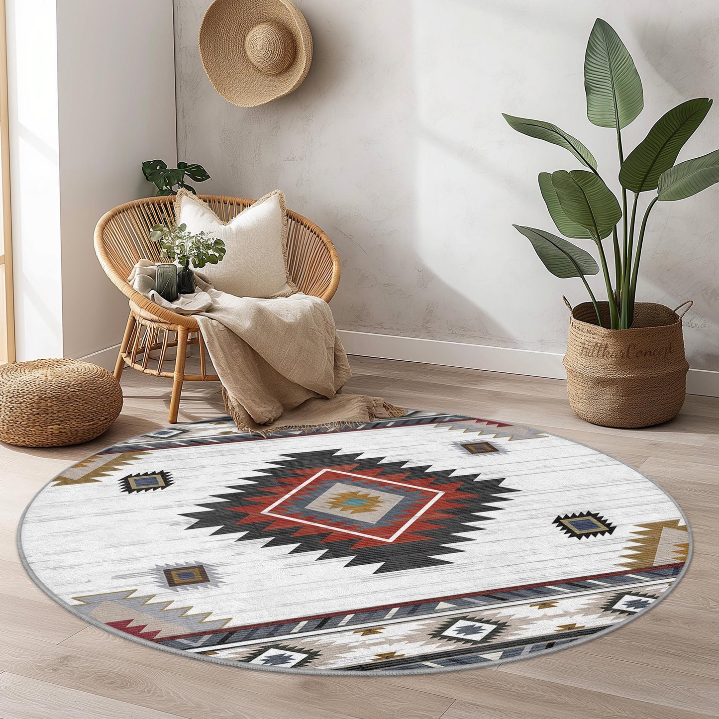 Geometrischer runder Boho-Teppich, moderner runder Teppich, stilvoller Wohnzimmerteppich, Schlafzimmerdeko, einzigartiger runder Teppich für Zuhause