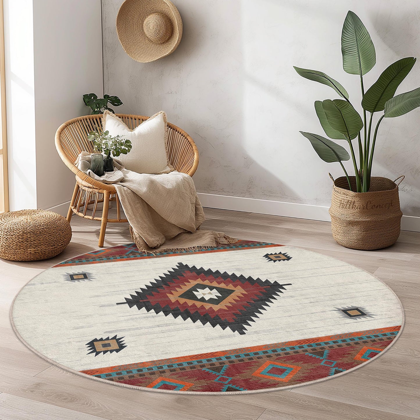 Geometrischer runder Teppich, runder Boho-Teppich, stilvolle Wohnzimmerdekoration, moderner runder Teppich, elegante Wohnaccessoires