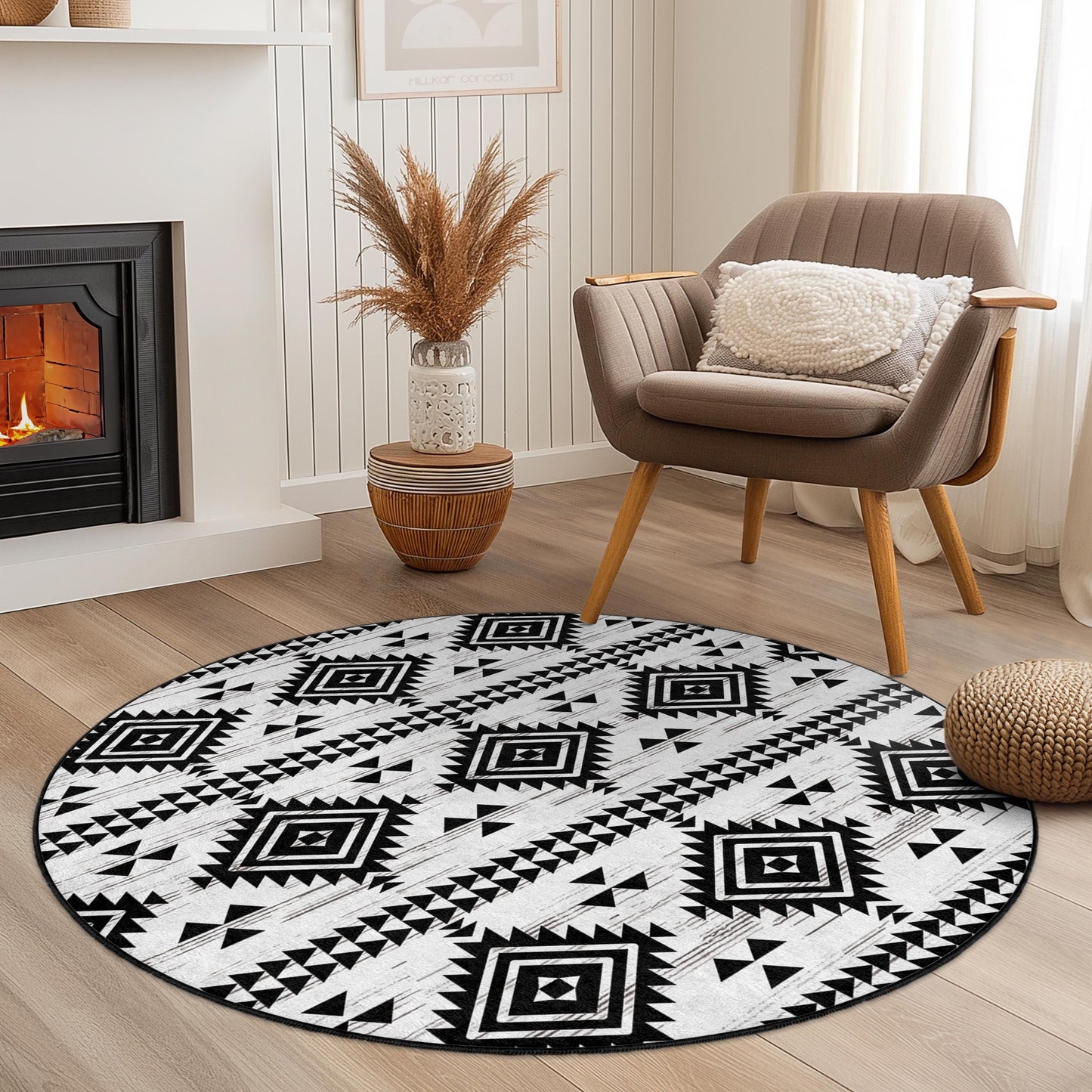 Runder Teppich mit geometrischem Ethno-Muster, schwarz-weißer runder Teppich, modernes Boho-Dekor, Wohnzimmer- oder Schlafzimmerteppich