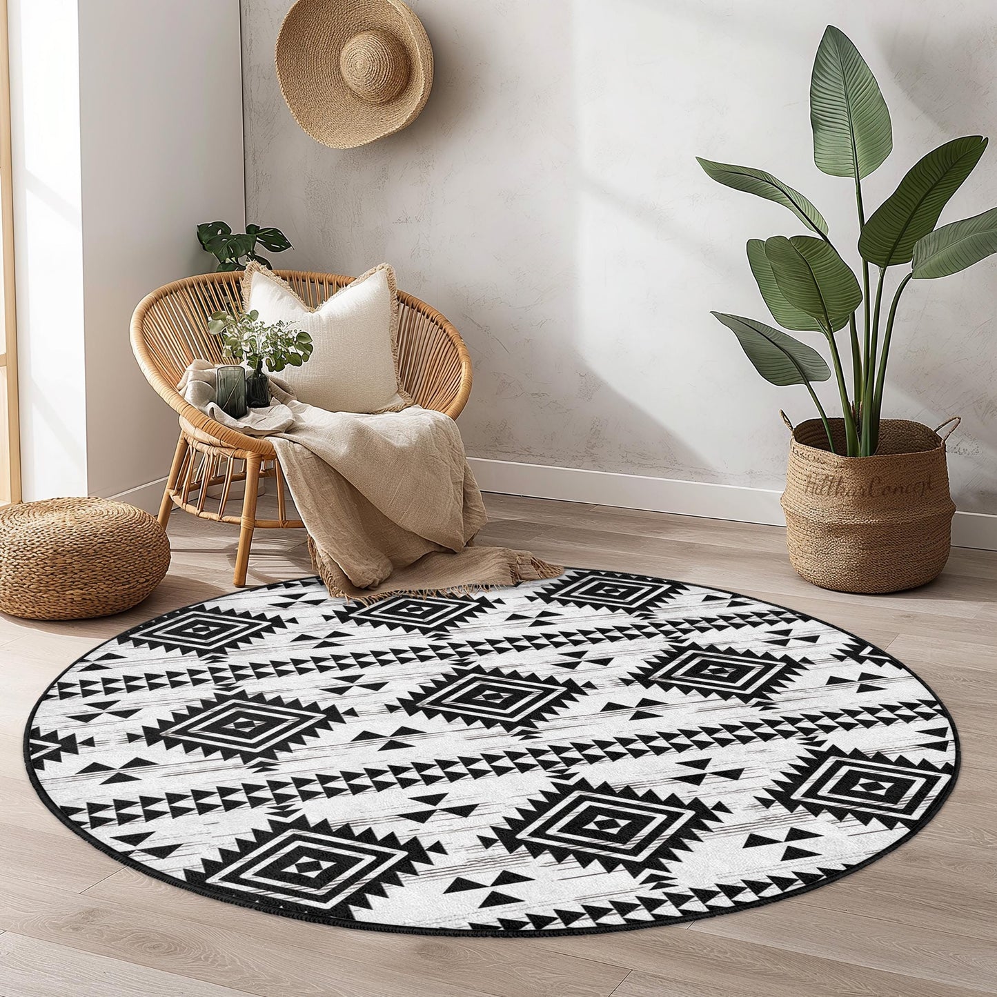 Geometric Tribal Pattern Round Area Rug, Black and White Round Carpet, Modern Bohemian Decor, Living Room or Bedroom Rug