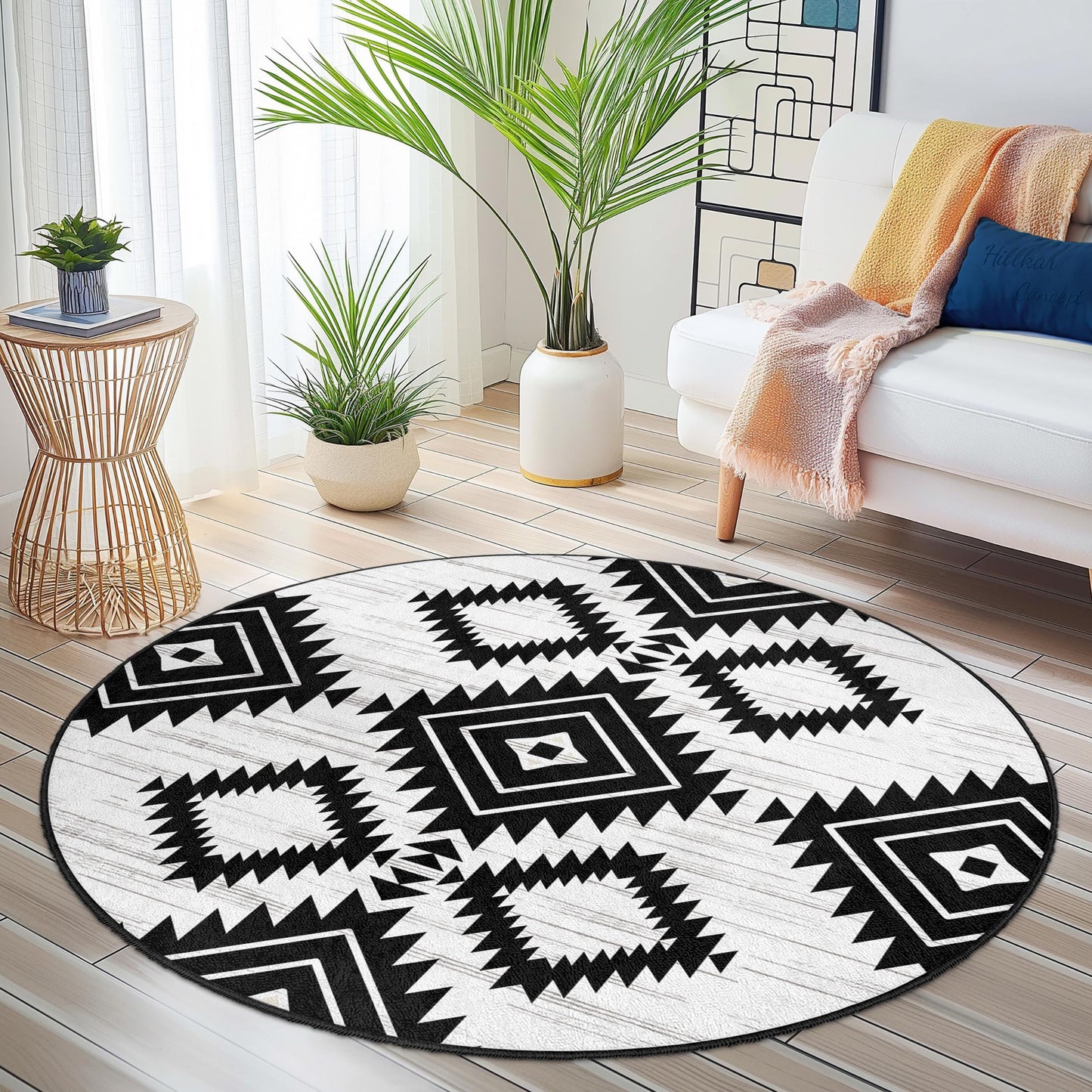 Geometrischer runder Teppich in Schwarz-Weiß, moderner Boho-Kreisteppich, stilvolle Wohndekoration, weicher Wohnzimmerteppich, einzigartiger Schlafzimmerteppich