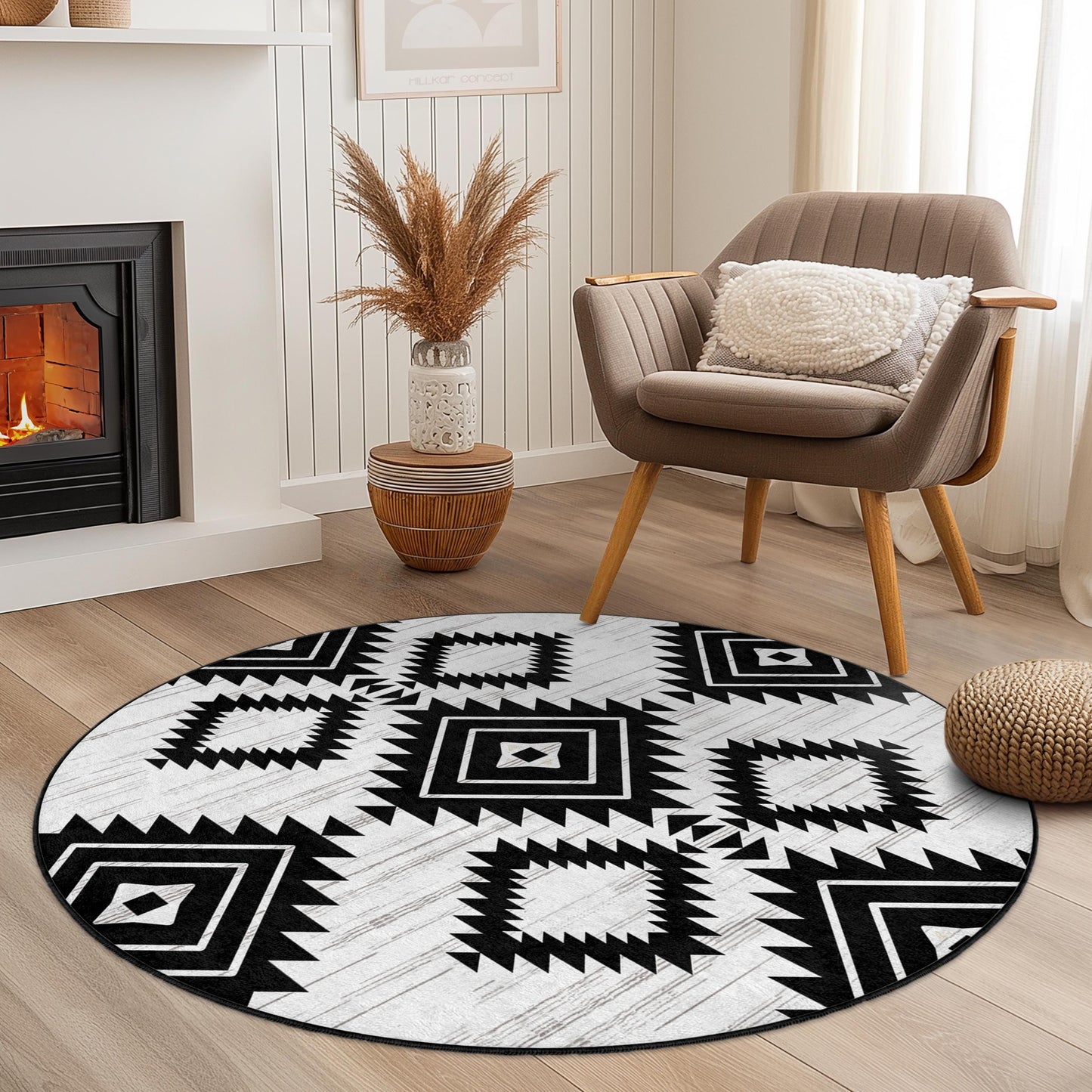 Geometric Black and White Round Area Rug, Modern Boho Circle Rug, Stylish Home Decor, Soft Living Room Carpet, Unique Bedroom Rug