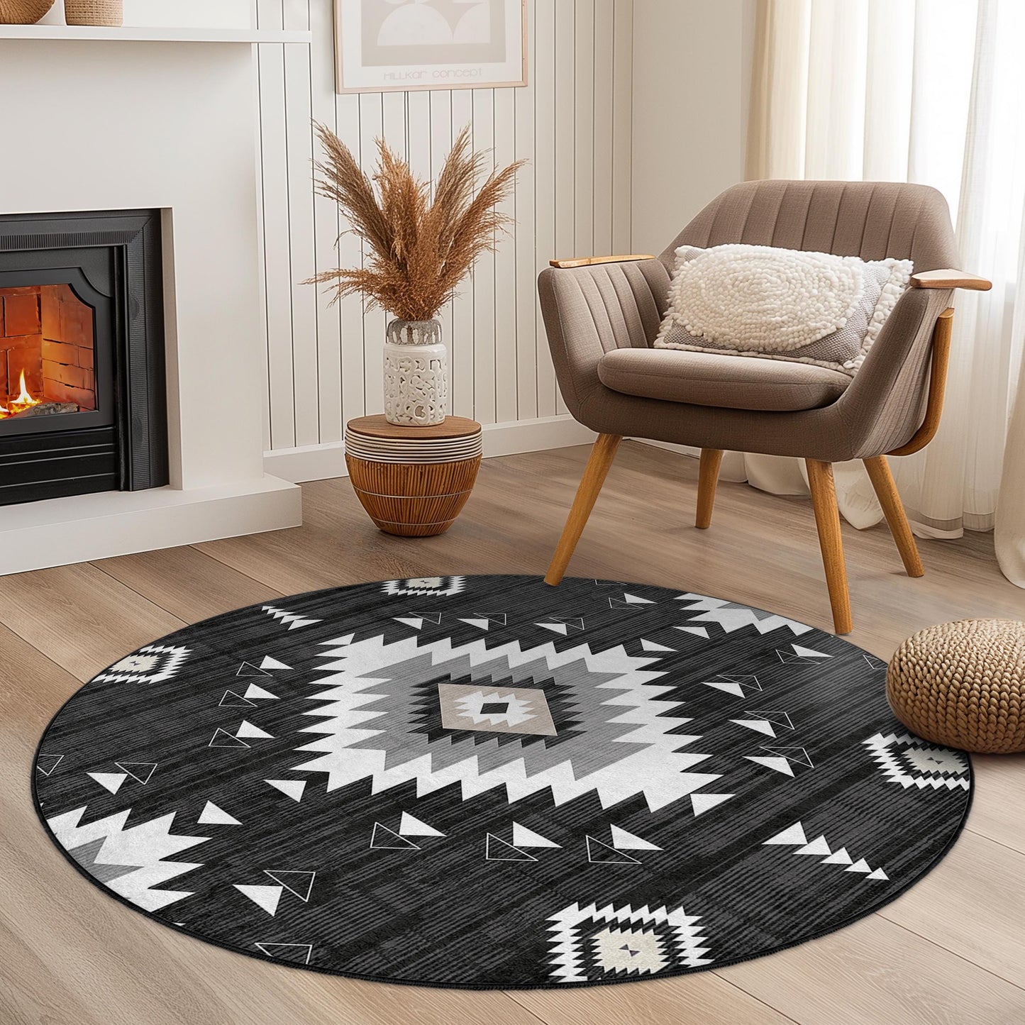 Geometrischer runder Teppich in Schwarz-Weiß, moderner Boho-Kreisteppich, stilvolle Wohnzimmerdekoration, einzigartiger runder Teppich für Zuhause