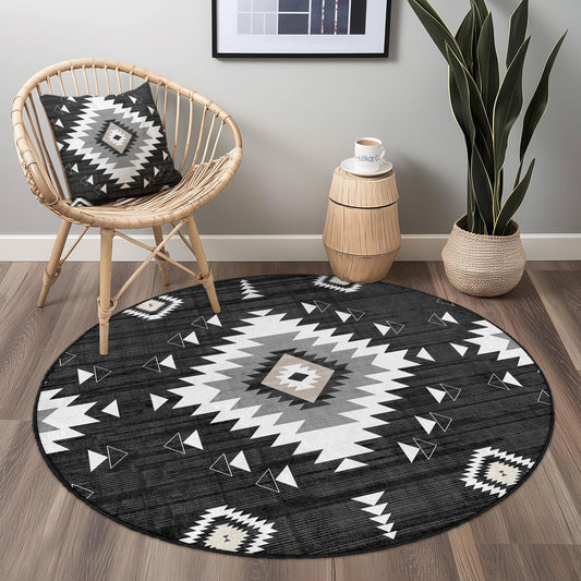 Geometric Black and White Round Area Rug, Modern Boho Circle Rug, Stylish Living Room Decor, Unique Round Carpet for Home