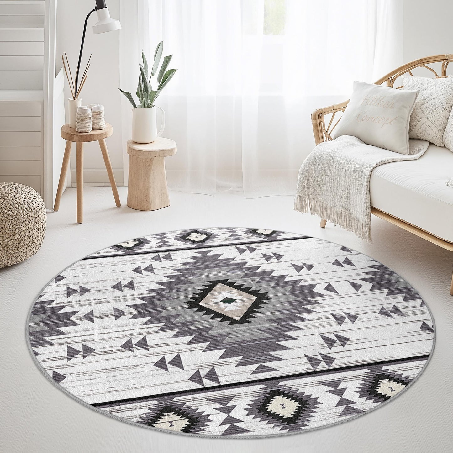 Geometrischer runder Boho-Teppich, moderner runder Teppich fürs Wohnzimmer, stilvoller runder Teppich, weicher runder Teppich, Wohnaccessoires im Bohème-Stil