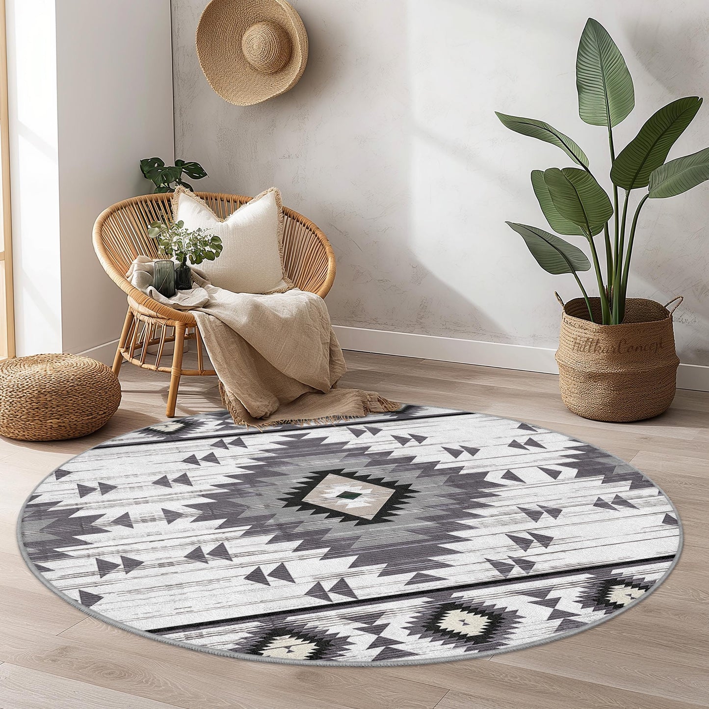Geometrischer runder Boho-Teppich, moderner runder Teppich fürs Wohnzimmer, stilvoller runder Teppich, weicher runder Teppich, Wohnaccessoires im Bohème-Stil