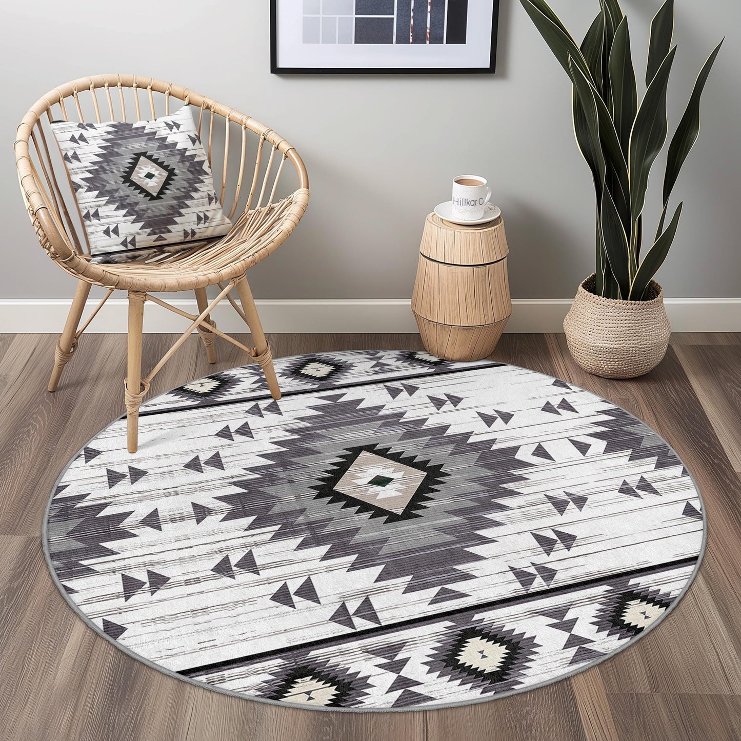 Geometrischer runder Boho-Teppich, moderner runder Teppich fürs Wohnzimmer, stilvoller runder Teppich, weicher runder Teppich, Wohnaccessoires im Bohème-Stil