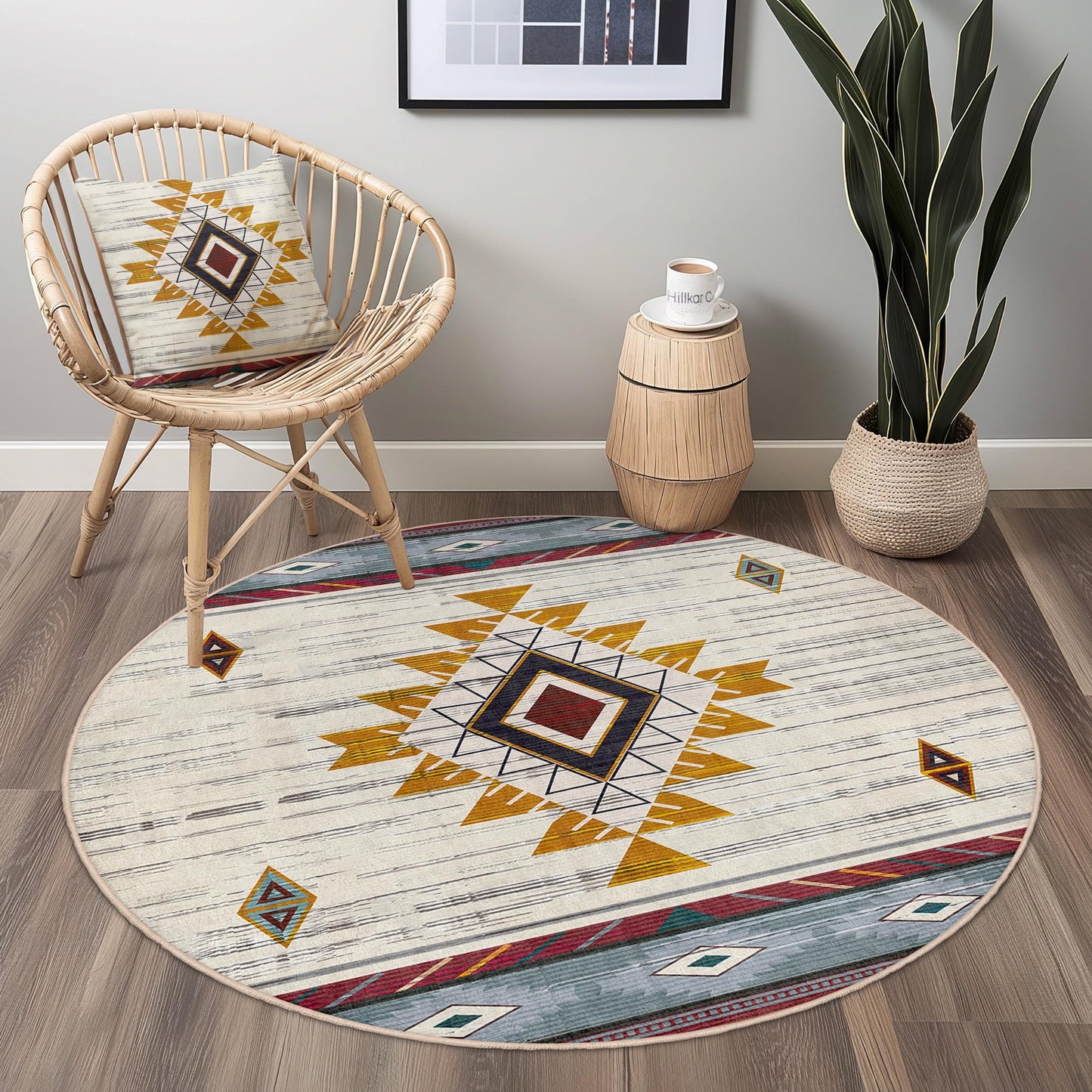 Geometrischer runder Teppich im Bohème-Stil, weicher runder Teppich für das Wohnzimmer, modernes Dekor, stilvoller runder Teppich, Boho-Chic-Fußmatte