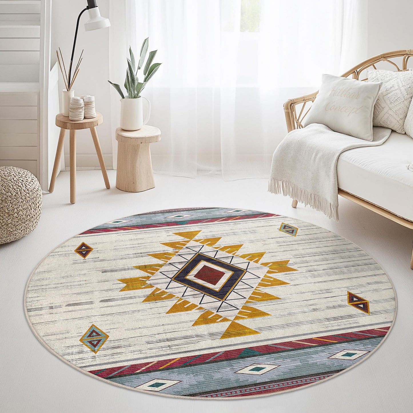 Geometric Bohemian Round Area Rug, Soft Circle Carpet for Living Room, Modern Decor, Stylish Round Rug, Boho Chic Floor Mat
