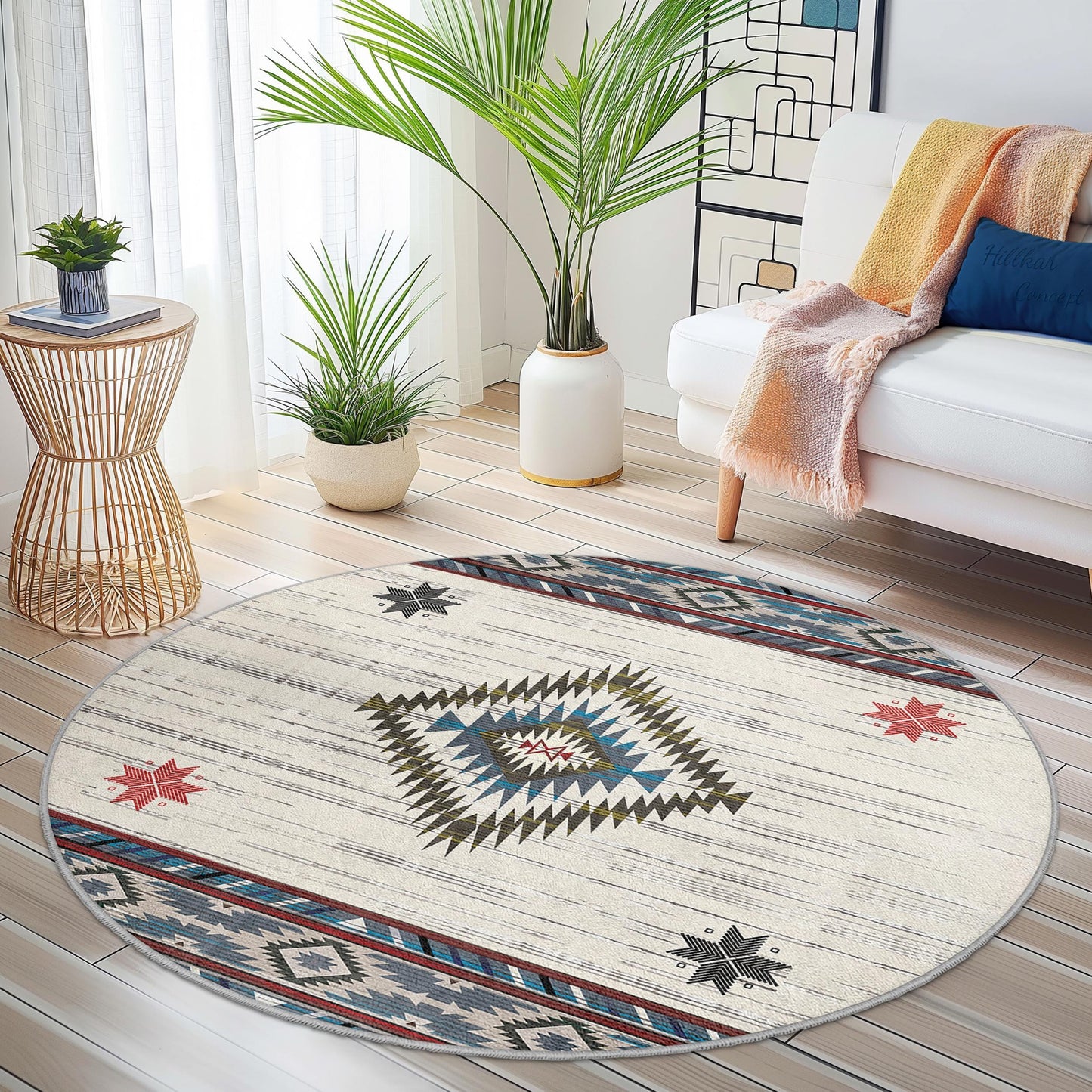 Runder Teppich im Boho-Stil, geometrisches Muster, weicher runder Teppich für Wohnzimmer, Schlafzimmer oder Kinderzimmer, stilvolles Wohnaccessoire
