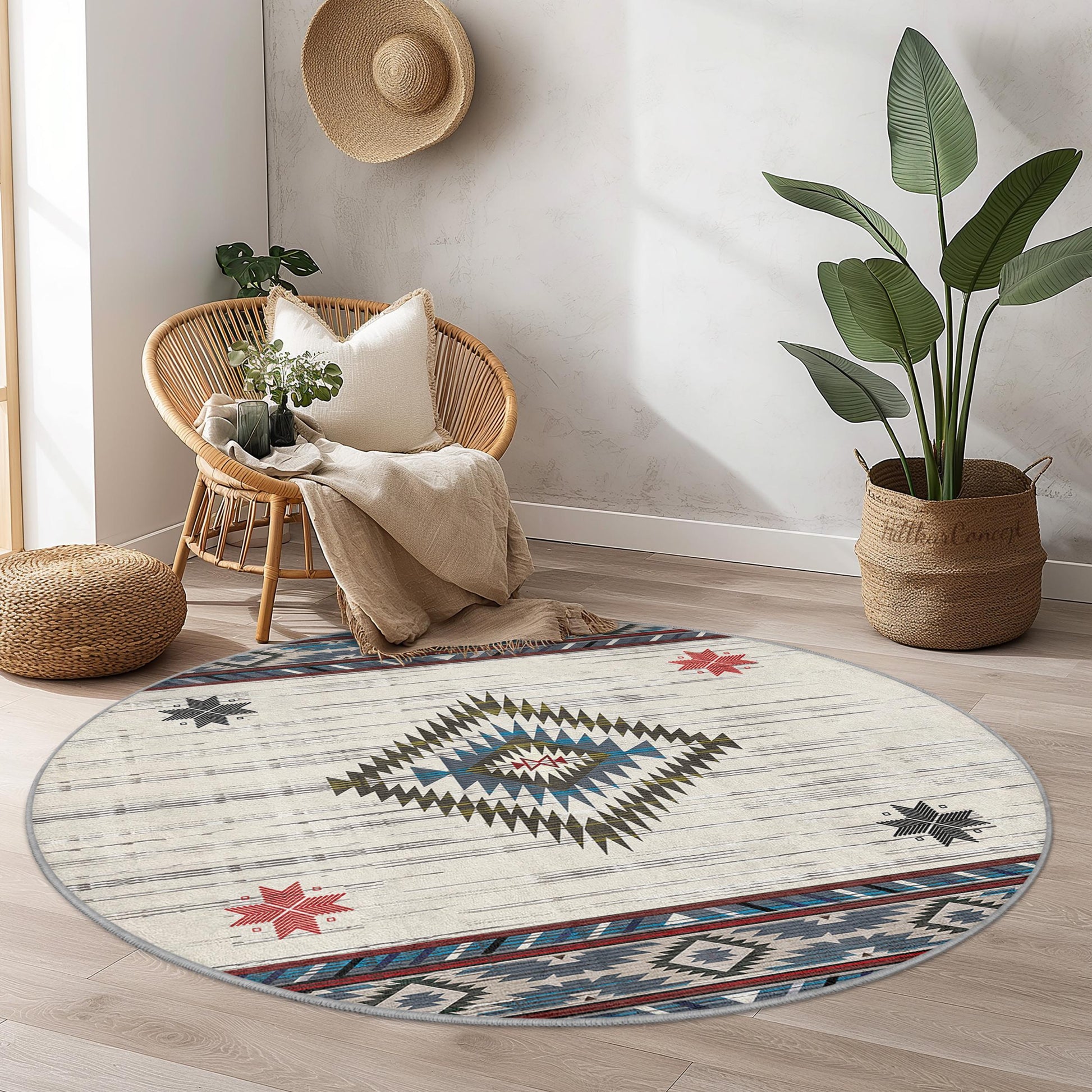 Bohemian Round Area Rug, Geometric Pattern Carpet, Soft Round Rug for Living Room, Bedroom or Kids Room Decor, Stylish Home Accent