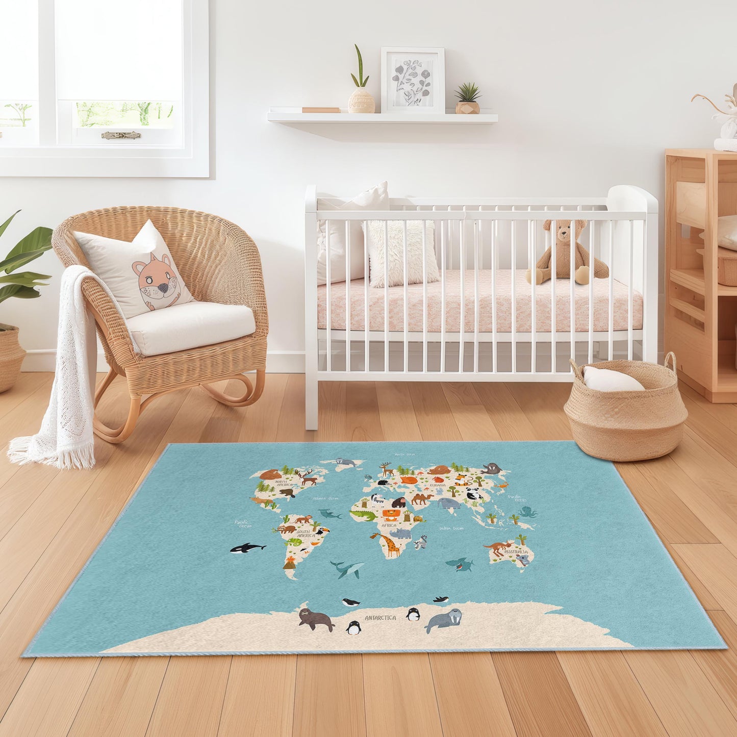 Lernteppich mit Tierweltkarte für Kinder, rechteckige Spielmatte, Kinderzimmerdeko mit Tiermotiven, lustiger Lernteppich