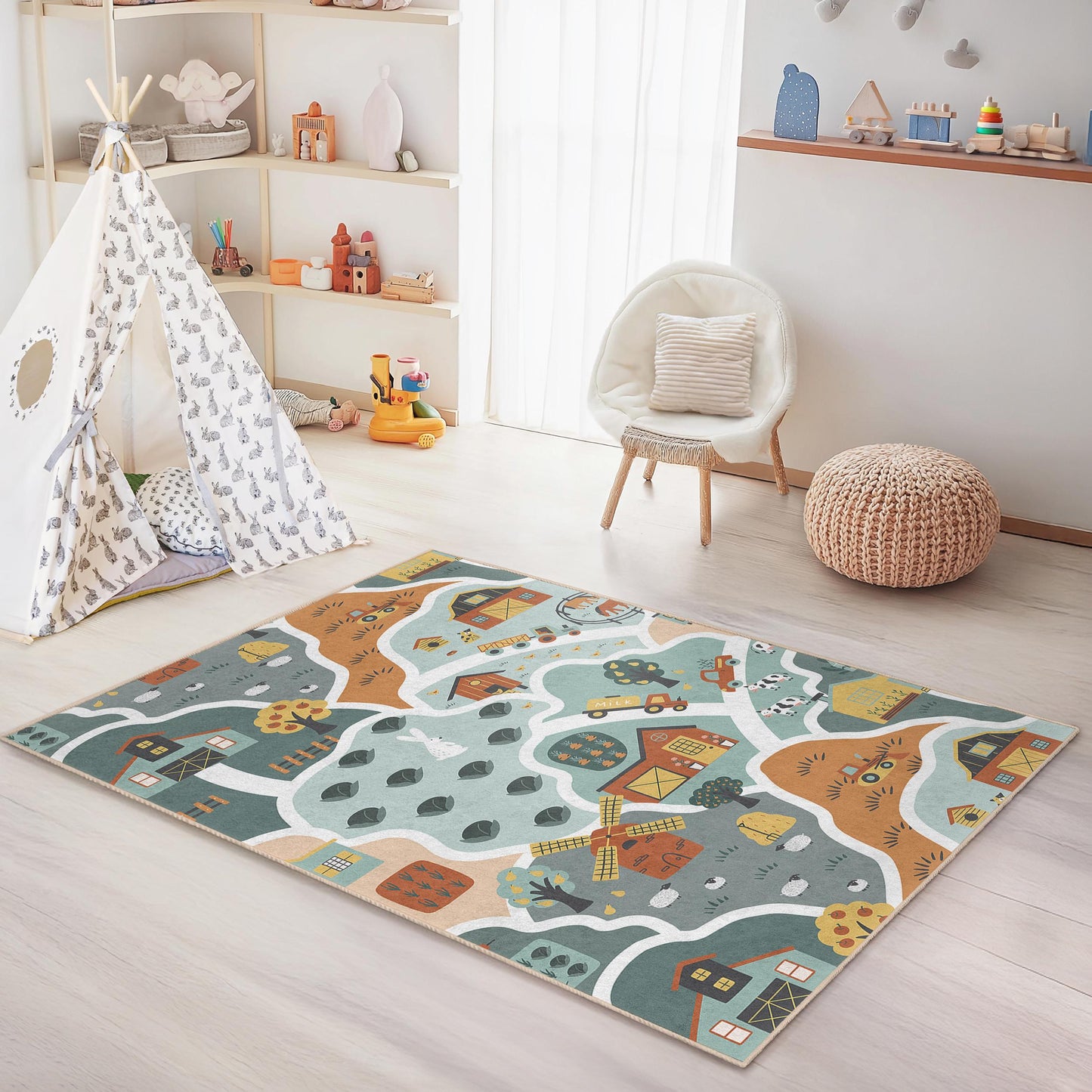 Spielteppich „Bauernhof-Abenteuer“ für Kinder, rechteckiger Teppich mit Tiermotiven, Kinderzimmerteppich, Spielzimmerdekoration, Bodenmatte fürs Babyzimmer