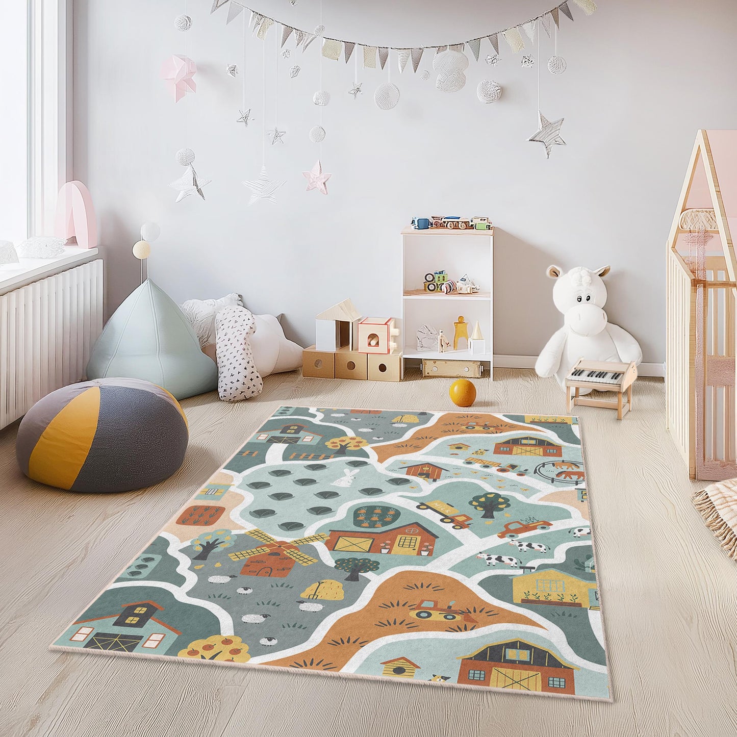 Spielteppich „Bauernhof-Abenteuer“ für Kinder, rechteckiger Teppich mit Tiermotiven, Kinderzimmerteppich, Spielzimmerdekoration, Bodenmatte fürs Babyzimmer