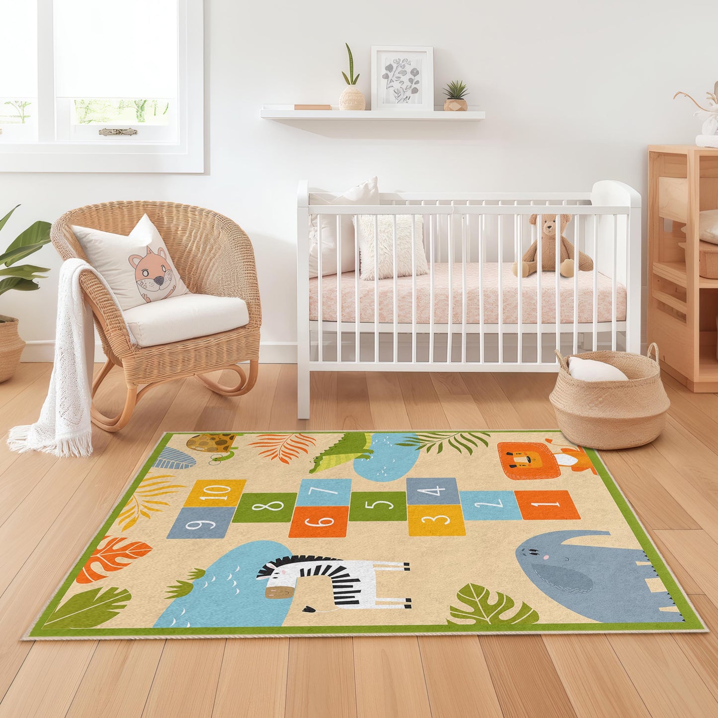 Dschungel-Abenteuer-Spielteppich für Kinder, Hüpfspiel-Tierteppich, rechteckiger Teppich fürs Kinderzimmer, Dschungeldeko, weiche Spielmatte