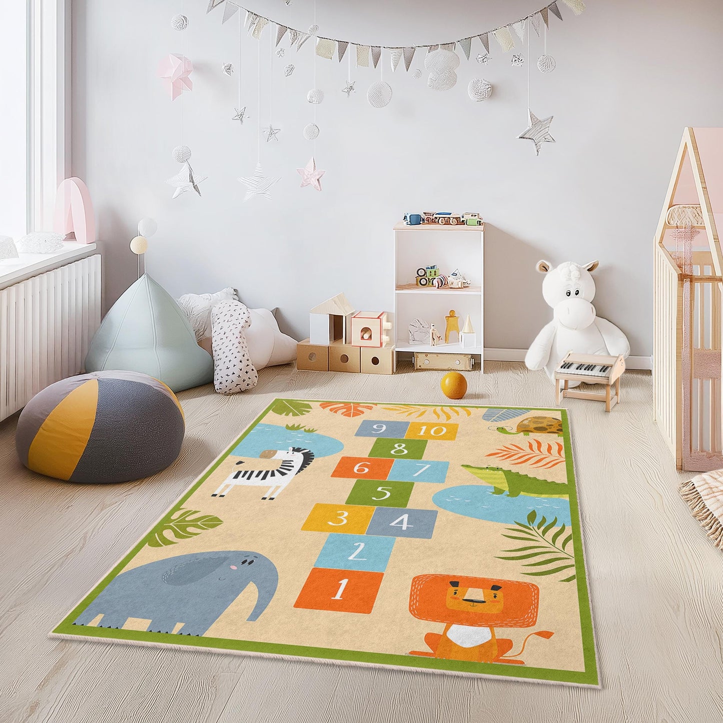 Dschungel-Abenteuer-Spielteppich für Kinder, Hüpfspiel-Tierteppich, rechteckiger Teppich fürs Kinderzimmer, Dschungeldeko, weiche Spielmatte