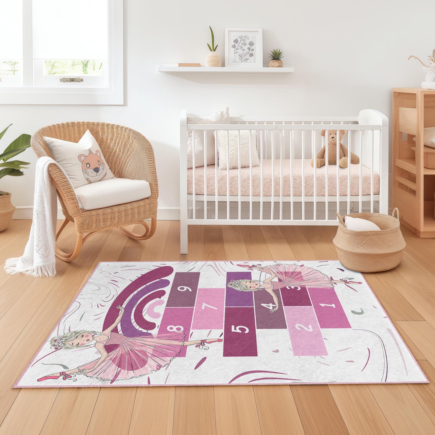 Hüpfspielteppich mit Ballettmotiven, rosa Spielteppich für Kinder, rechteckiger Kinderteppich, Kinderzimmerdekoration, weiche Spielmatte für Mädchen
