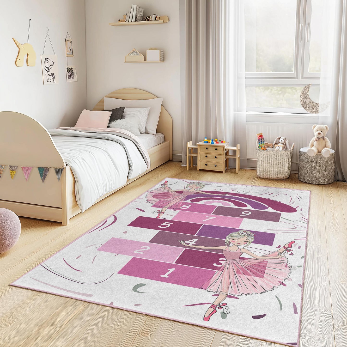 Hüpfspielteppich mit Ballettmotiven, rosa Spielteppich für Kinder, rechteckiger Kinderteppich, Kinderzimmerdekoration, weiche Spielmatte für Mädchen