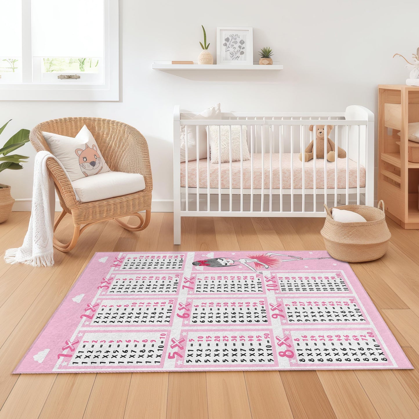 Rosa Ballerina-Multiplikationstabelle-Teppich, Kinderzimmerdeko, rechteckiger Teppich für Babyzimmer, Spielzimmer, Lernteppich