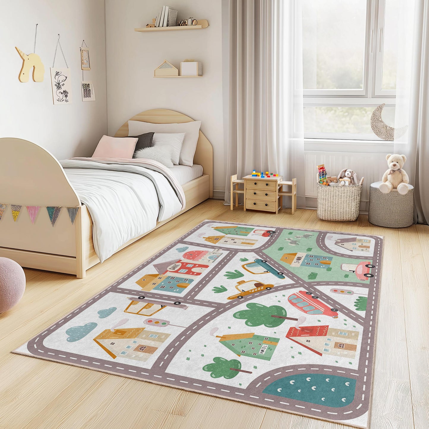 Bunter Stadtplan-Kinderteppich, rechteckiger Spielteppich fürs Spielzimmer, weicher Kinderzimmerteppich, interaktive Spielmatte, Kinderzimmerdeko, Spielteppich für Kinder