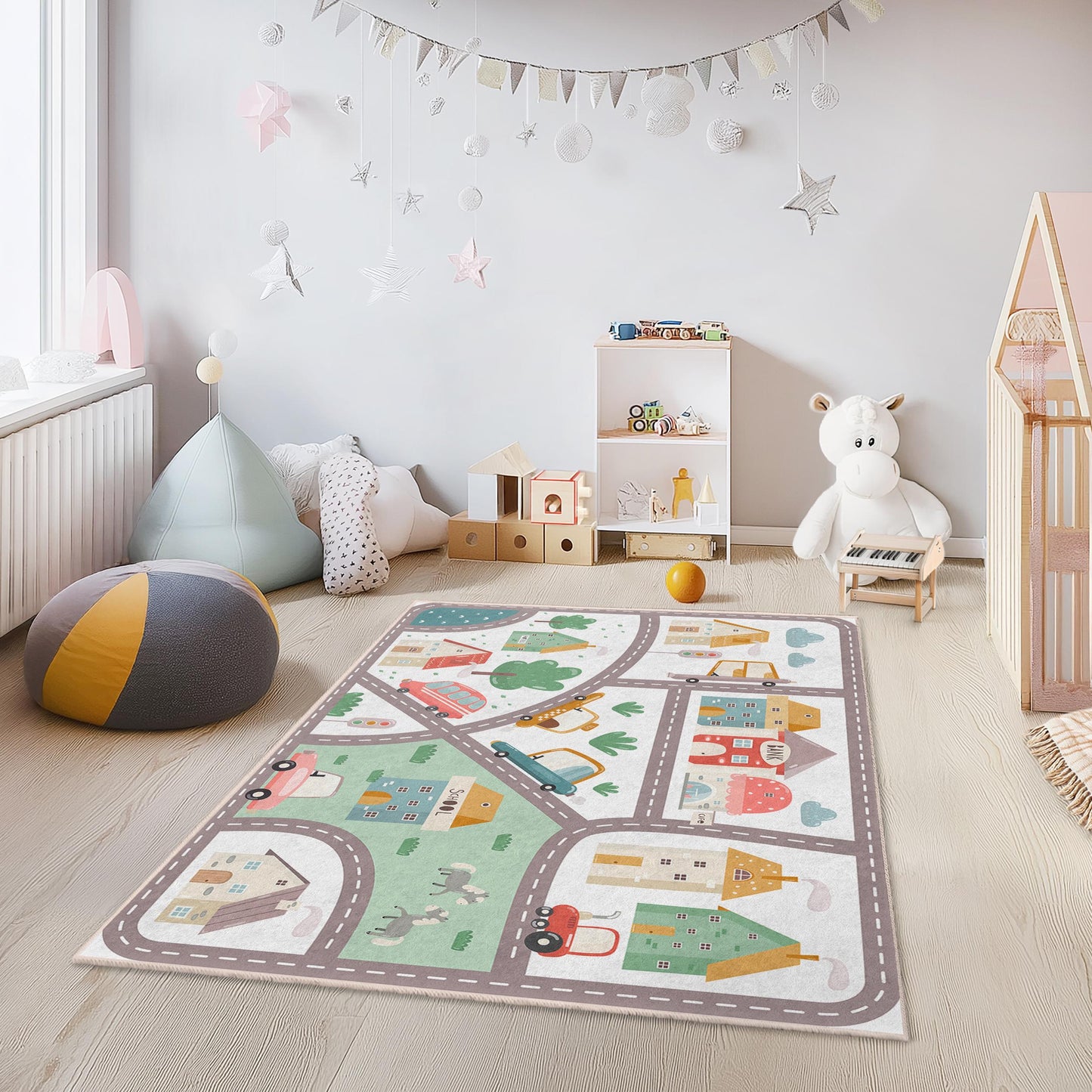 Bunter Stadtplan-Kinderteppich, rechteckiger Spielteppich fürs Spielzimmer, weicher Kinderzimmerteppich, interaktive Spielmatte, Kinderzimmerdeko, Spielteppich für Kinder