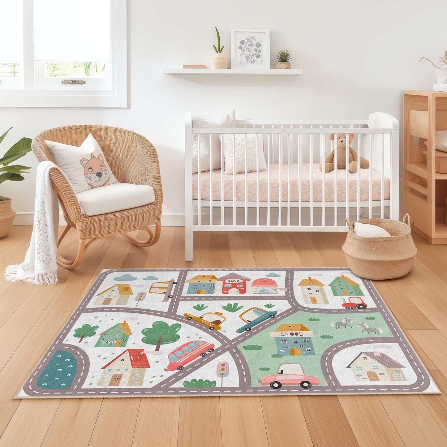 Bunter Stadtplan-Kinderteppich, rechteckiger Spielteppich fürs Spielzimmer, weicher Kinderzimmerteppich, interaktive Spielmatte, Kinderzimmerdeko, Spielteppich für Kinder
