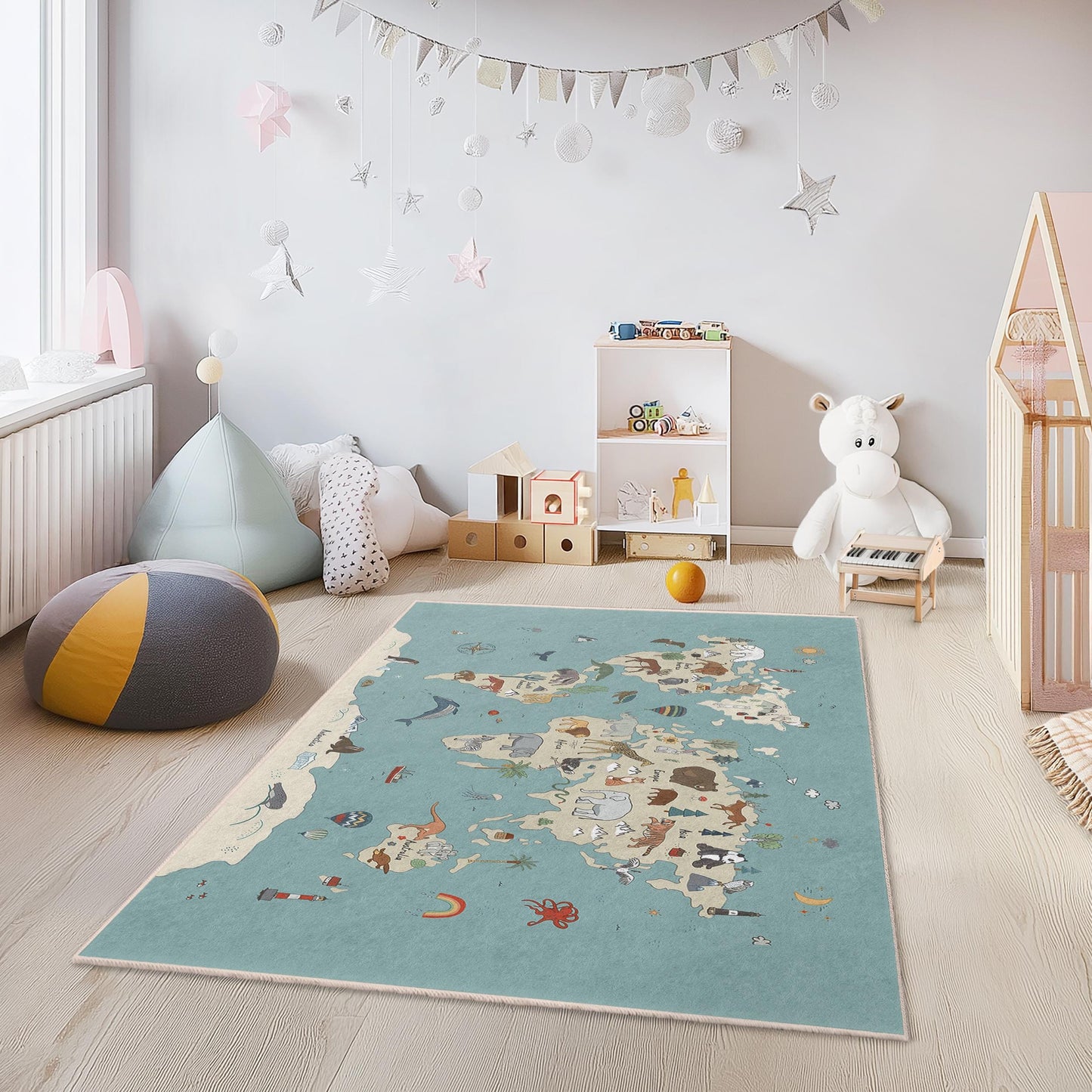 Verspielter Kinderteppich mit Tierweltkarte, rechteckiger Spielzimmerteppich, lehrreicher Weltkartenteppich, weicher Teppich fürs Kinderzimmer