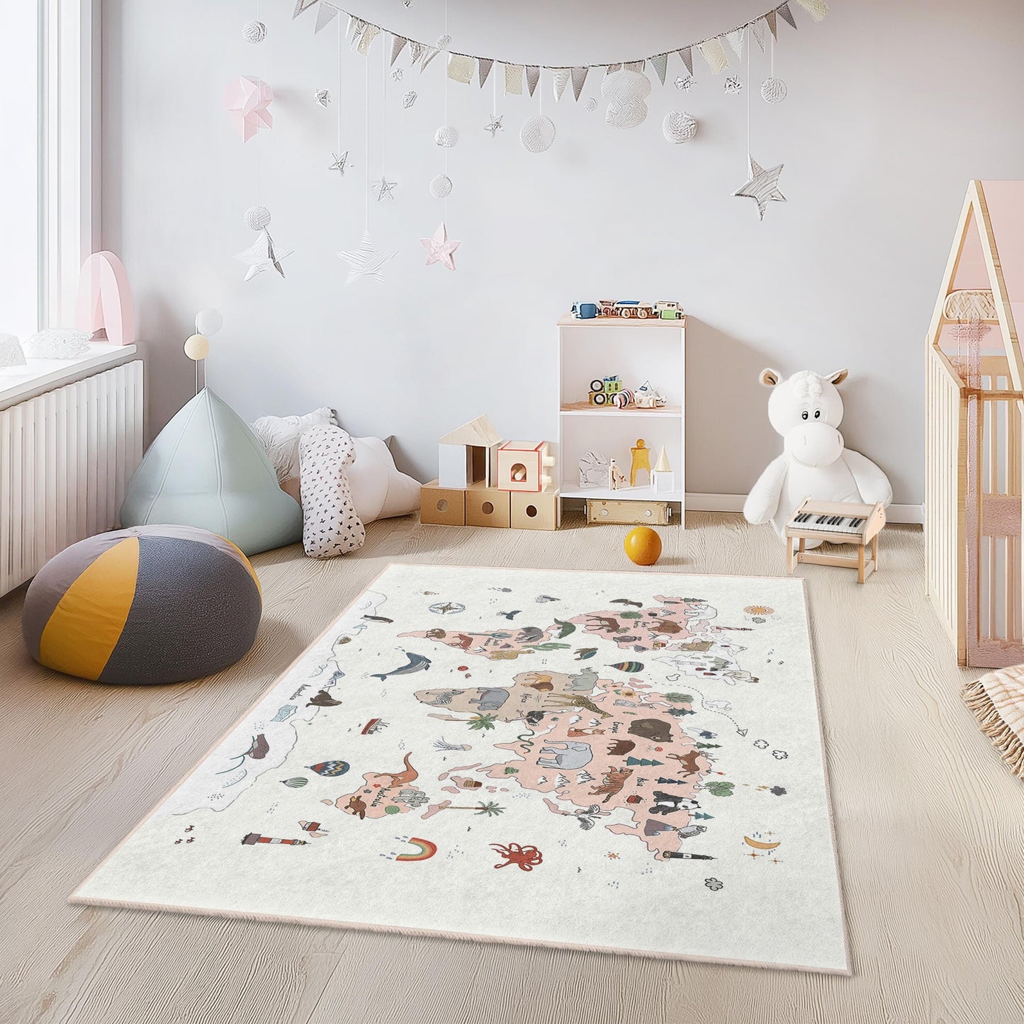 Kinderteppich mit Tiermotiven, bunter Teppich mit Tiermotiven, lustiger Spielzimmerteppich, rechteckige Kinderzimmerdekoration, Babyzimmerteppich