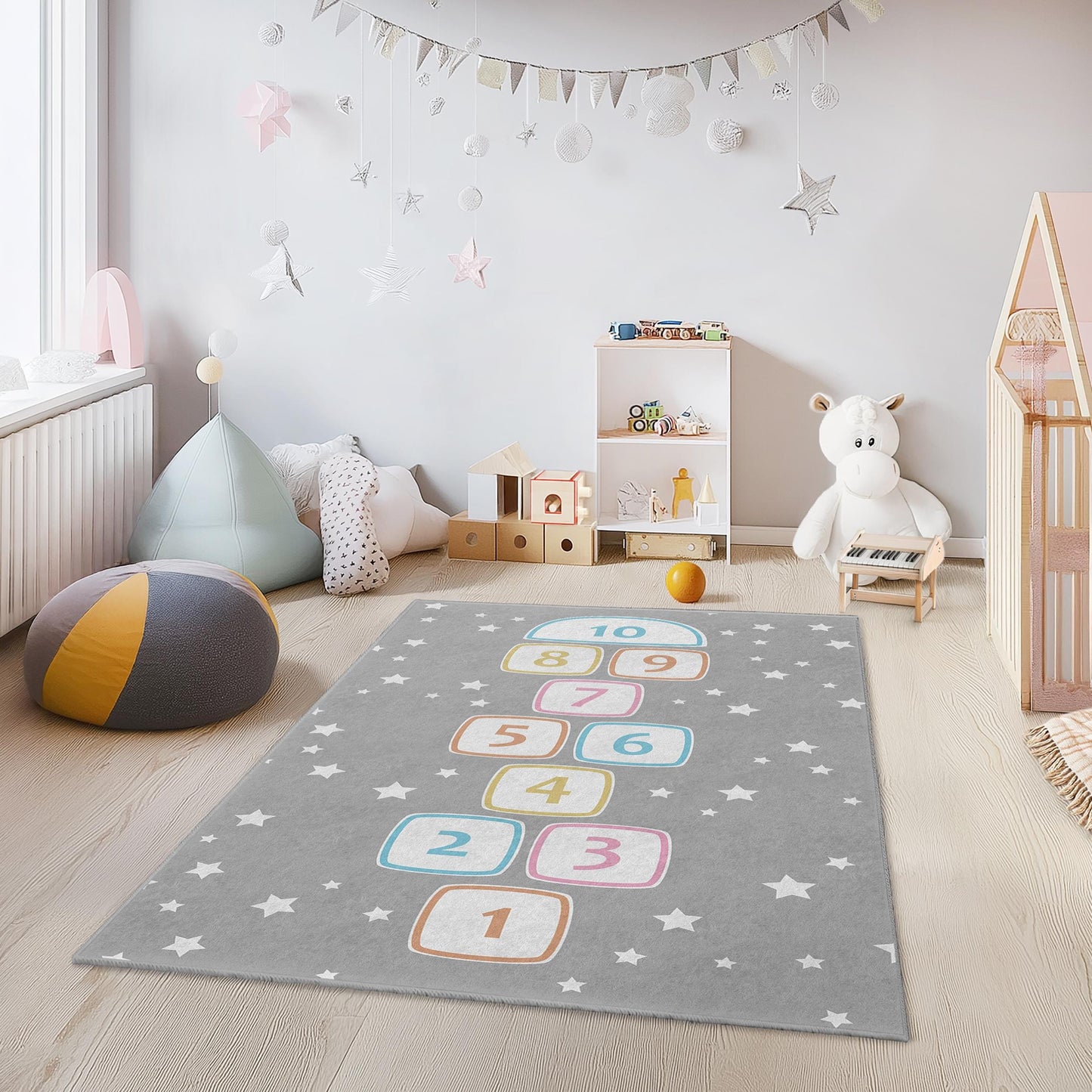 Rechteckiger Kinderteppich mit Hüpfkästchenmuster, Spielzimmerdeko, weicher Teppich fürs Kinderzimmer, lustige Lernmatte, Kinderzimmerteppich