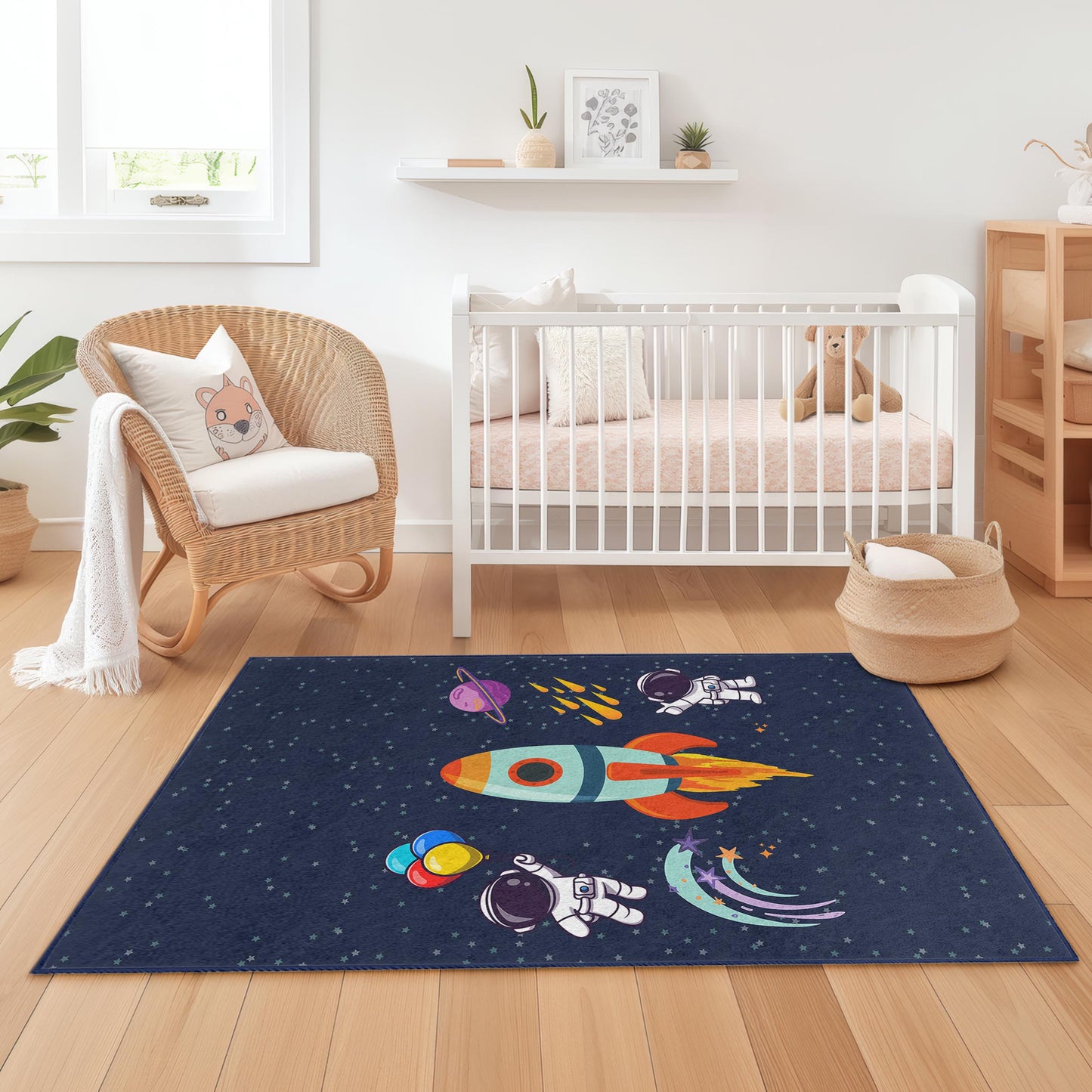 Weltraumabenteuer-Kinderteppich, Astronautenraketen-Teppich fürs Spielzimmer, Kinderzimmerdeko, lustiger Galaxie-Teppich, Spielmatte fürs Kleinkinderzimmer