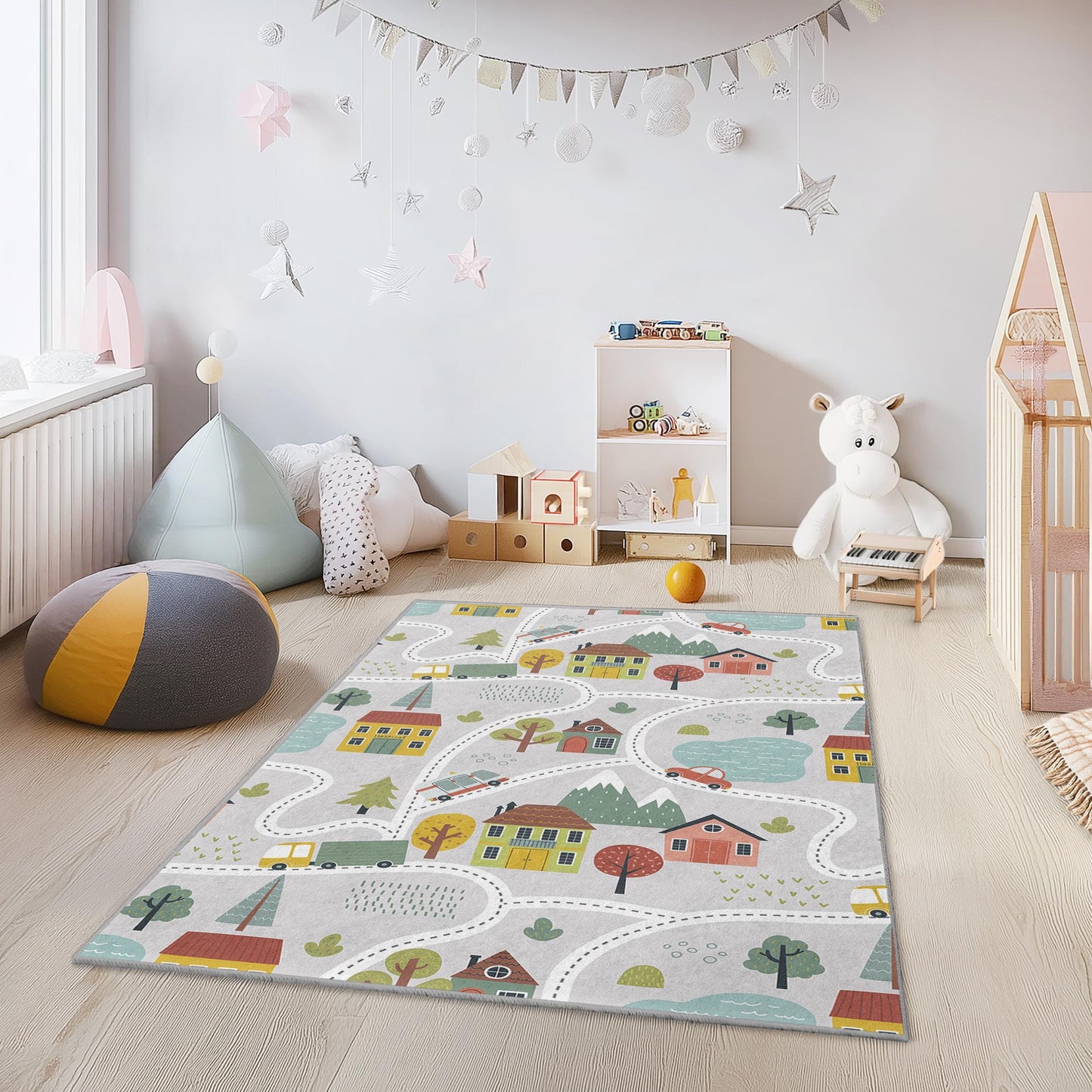 Bunter Stadtplan-Spielteppich, interaktiver rechteckiger Kinderteppich, lustiger Spielzimmerteppich, Kinderzimmerdekoration, weicher Kinderteppich