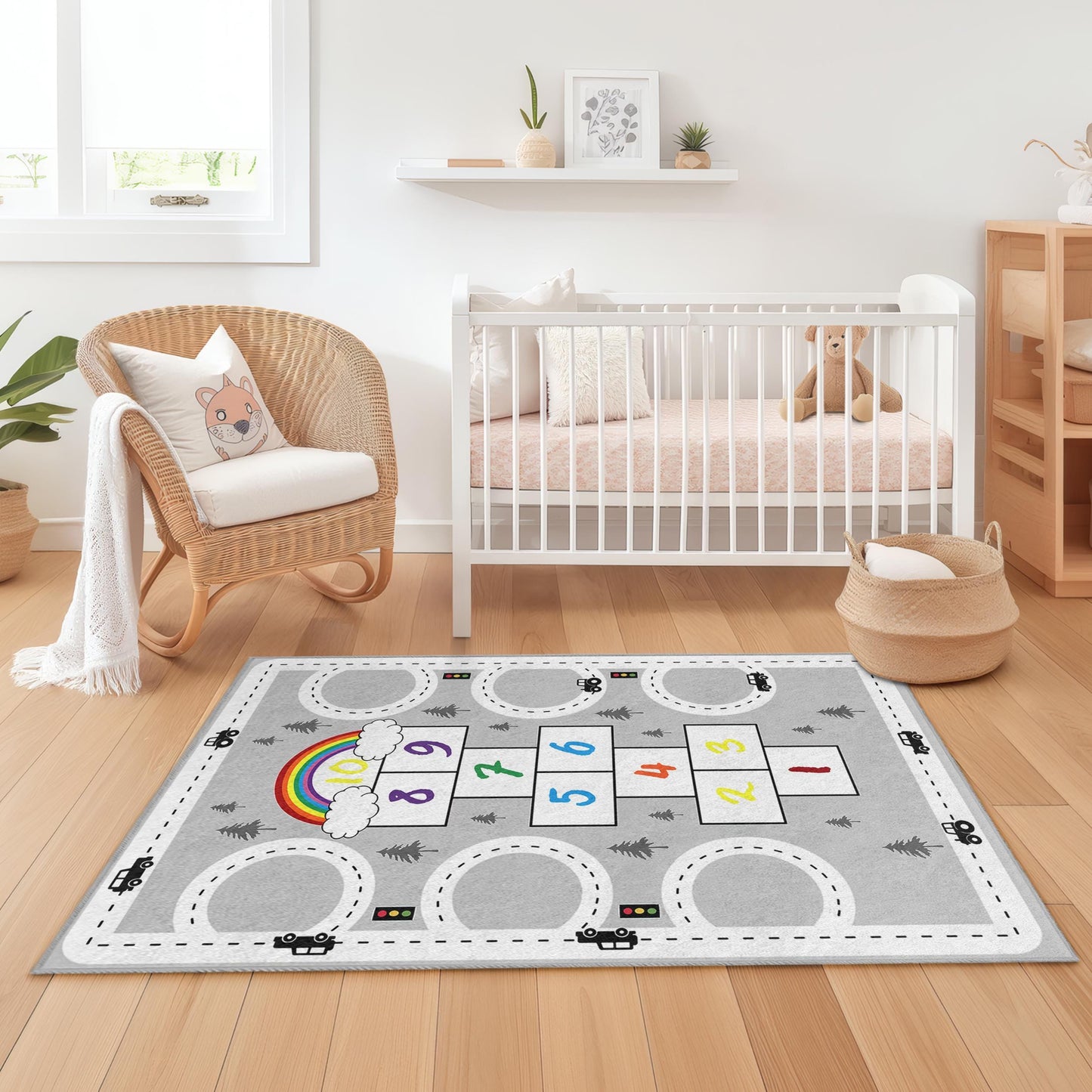 Regenbogen-Hüpfspiel-Spielteppich für Kinder, interaktive Spielmatte, weicher rechteckiger Teppich, Kinderzimmerdekoration, Spielzimmerteppich, Lernteppich