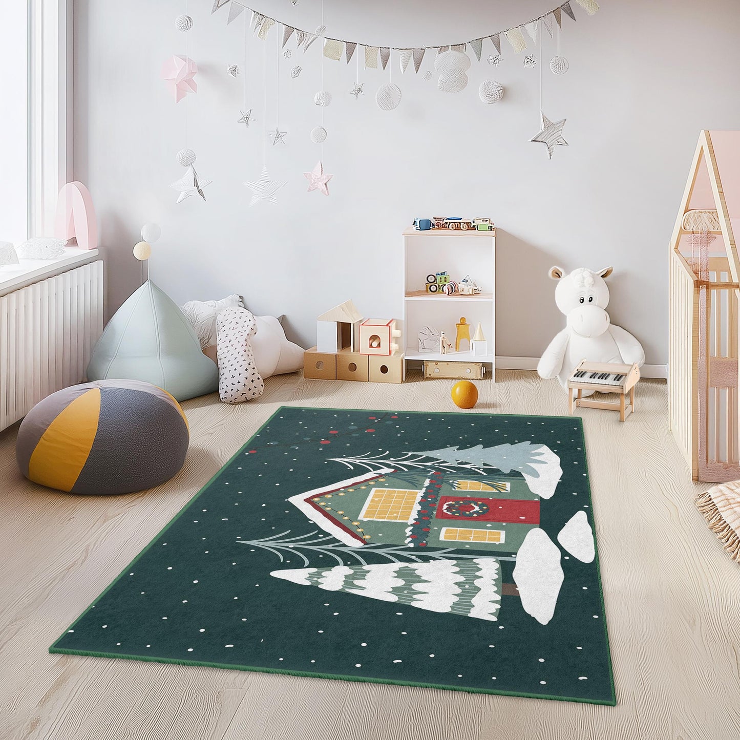 Rechteckiger Kinderteppich „Winterwunderland“, gemütliche Weihnachtsdekoration, weihnachtlicher Teppich fürs Kinderzimmer, weiche Spielmatte