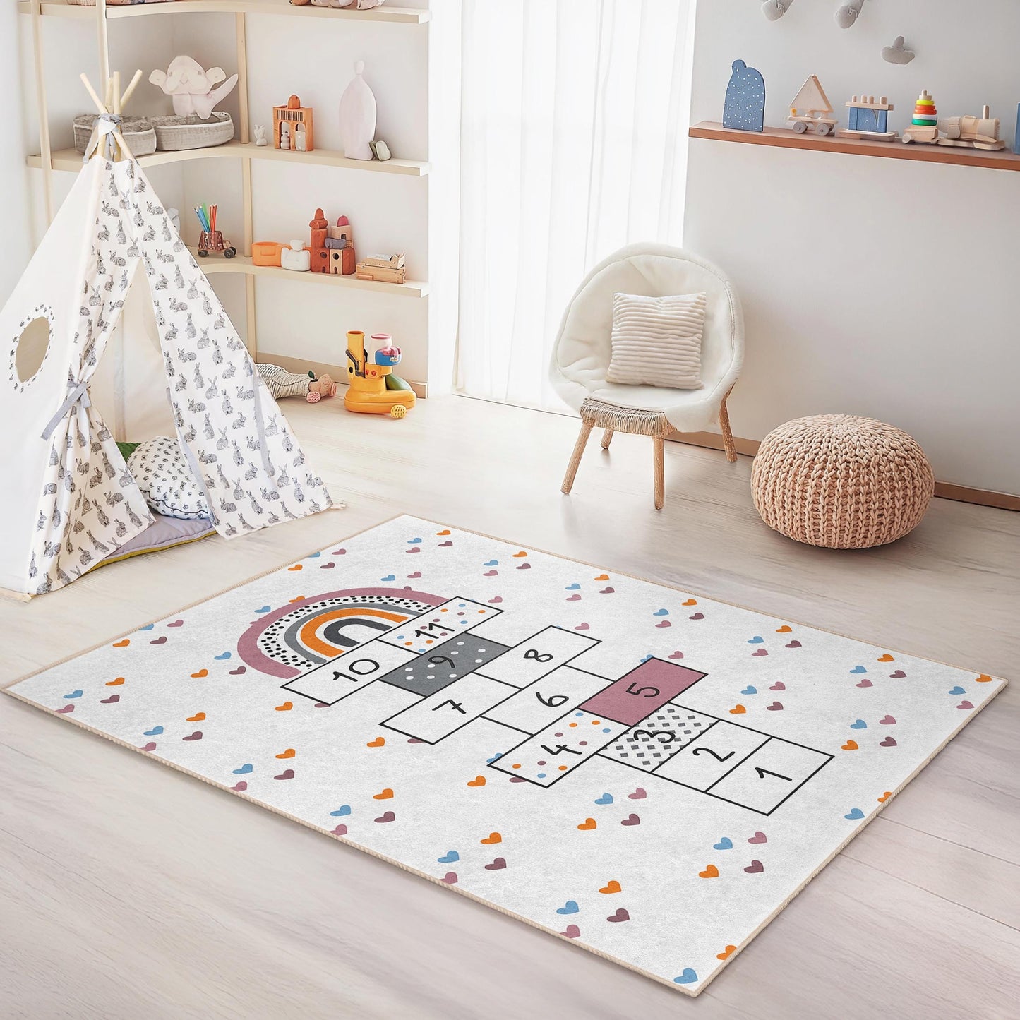Regenbogen-Hüpfspielteppich, Kinderzimmerteppich, rechteckige Spielmatte, weicher Kinderzimmerteppich, spielerische Lerndekoration