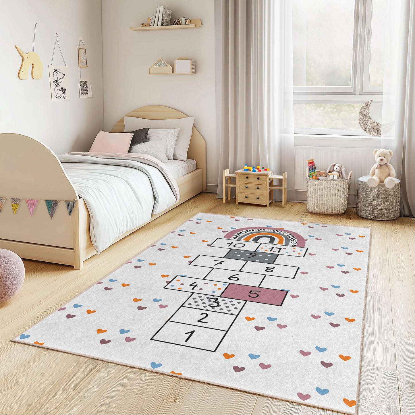 Regenbogen-Hüpfspielteppich, Kinderzimmerteppich, rechteckige Spielmatte, weicher Kinderzimmerteppich, spielerische Lerndekoration