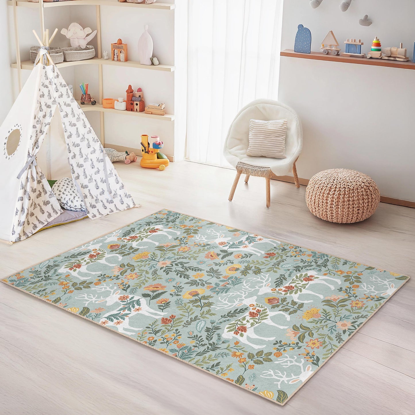 Rechteckiger Kinderteppich mit floralem Hirschmuster, naturinspirierter Kinderteppich, Spielzimmerteppich, Kinderzimmerteppich, florale Dekoration