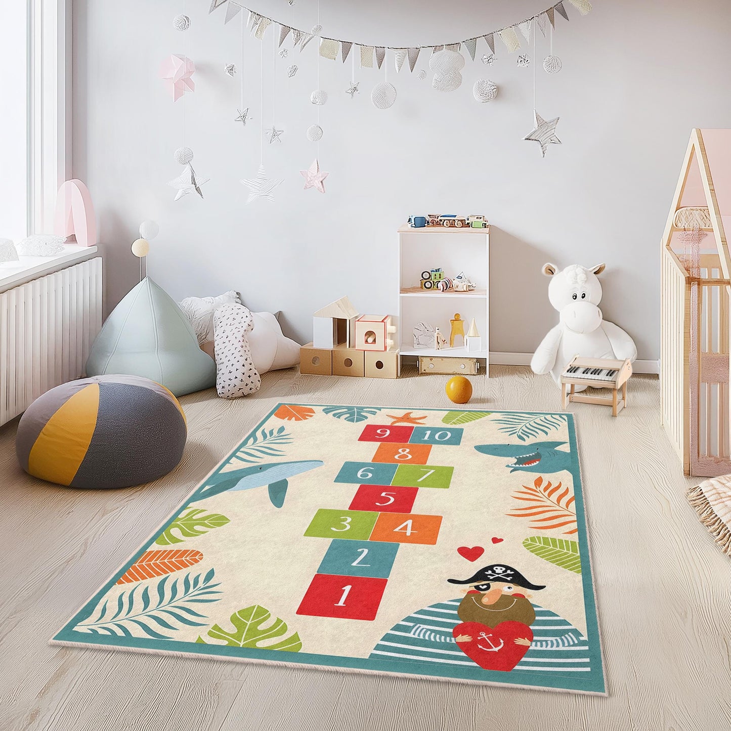 Bunter Piraten-Abenteuer-Kinderteppich, Hüpfspielmatte, rechteckiger Kinderzimmerteppich, lustige Hai-Deko, maritimer Kinderzimmerteppich