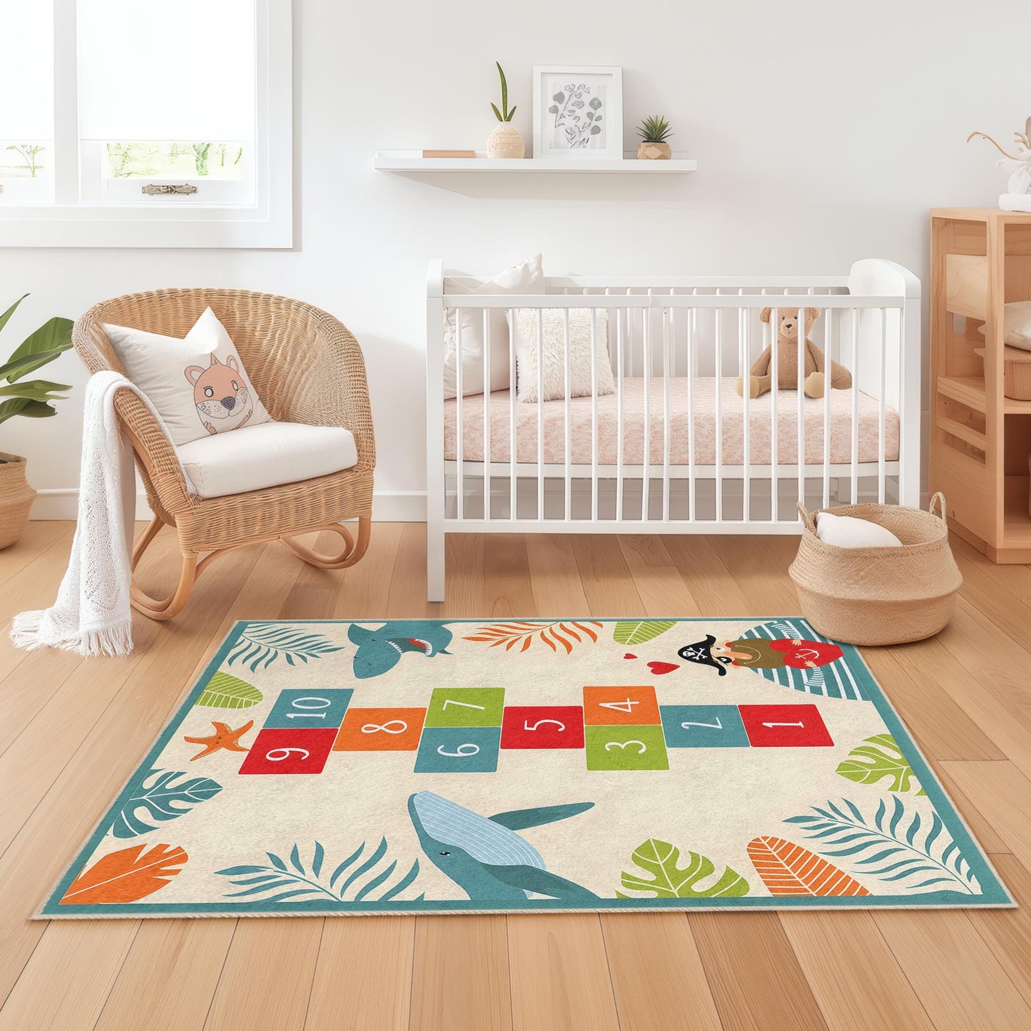 Bunter Piraten-Abenteuer-Kinderteppich, Hüpfspielmatte, rechteckiger Kinderzimmerteppich, lustige Hai-Deko, maritimer Kinderzimmerteppich