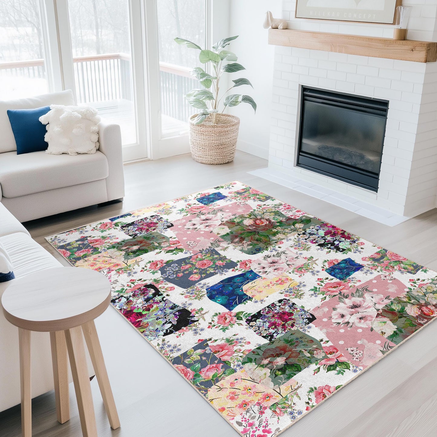Rechteckiger Teppich mit lebhaftem Blumenmuster im Patchwork-Stil, Boho-Blumenteppich fürs Wohnzimmer, weicher Dekoteppich, einzigartige Wohnaccessoires