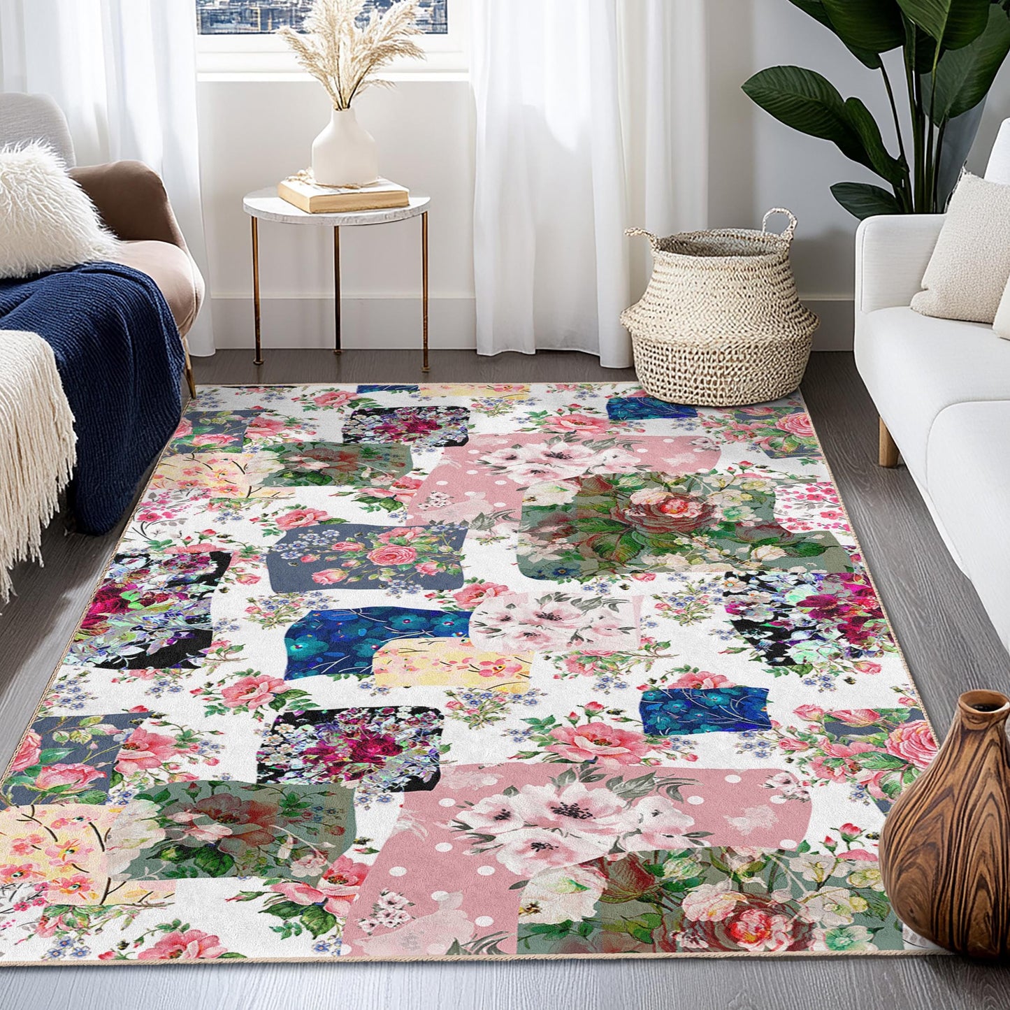 Rechteckiger Teppich mit lebhaftem Blumenmuster im Patchwork-Stil, Boho-Blumenteppich fürs Wohnzimmer, weicher Dekoteppich, einzigartige Wohnaccessoires